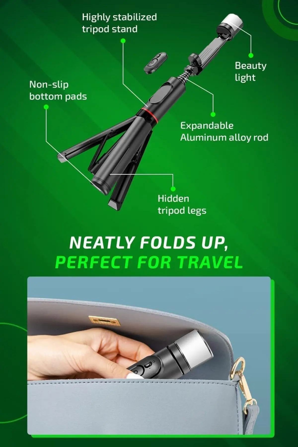 Taşınabilir, 3 Renk Işıklı Uzaktan Kumandalı 76 Cm Tripod, Özçekim Ve Selfie Çubuğu