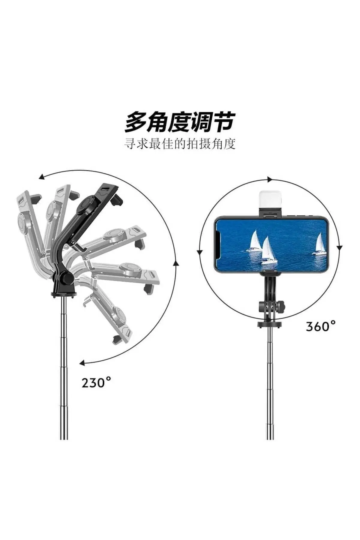 Led Işıklı Gopro Uyumlu Bluetooth Kumandalı 170 cm Selfie Çubuğu ve Tripod Telefon, LED Işık Takılır