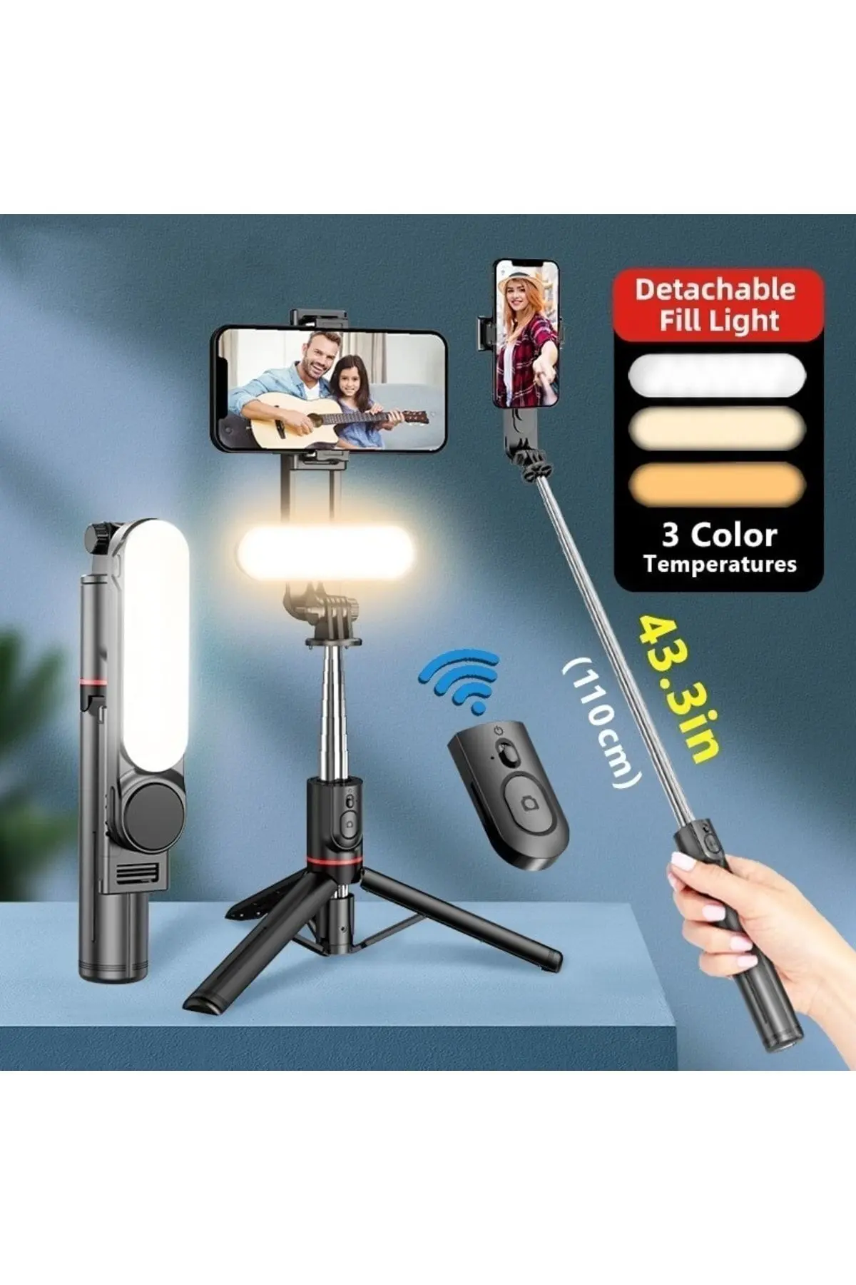 Asfal Işıklı 3 Renkli Uzaktan Kumandalı 110 Cm Tripod, Özçekim Ve Selfie Çubuğu Yatay Ve Dikey Kullanım