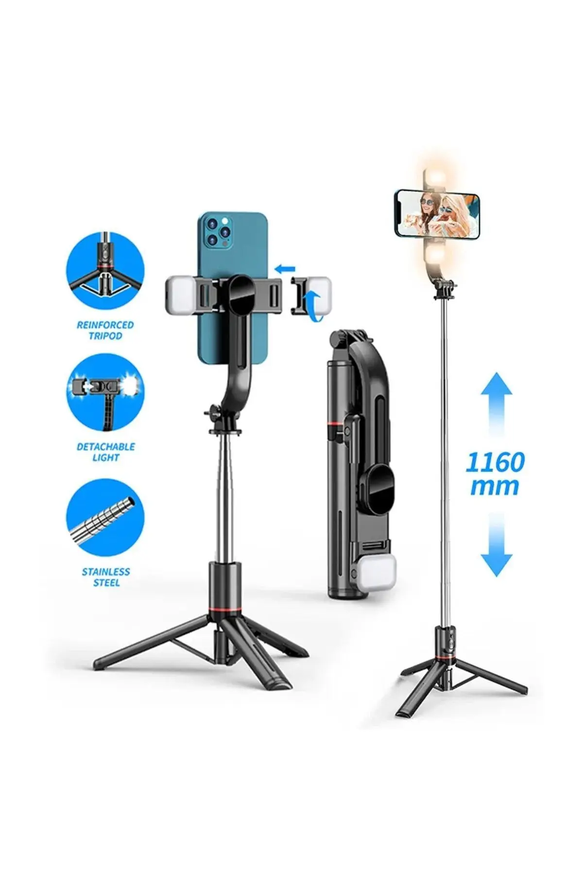 Asfal Çift Işıklı 3 Renkli Uzaktan Kumandalı 116 Cm Tripod, Özçekim Ve Selfie Çubuğu