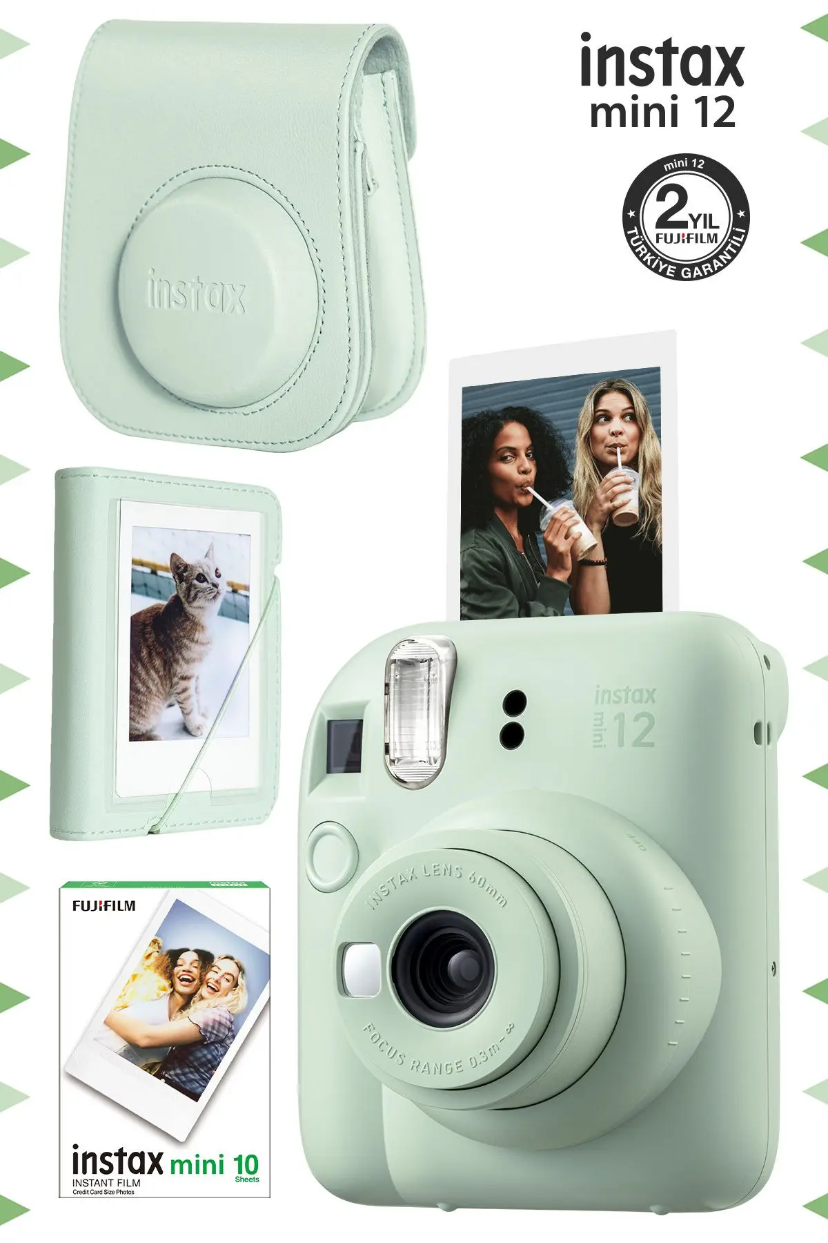 Instax mini 12 Yeşil Fotoğraf Makinesi-10'lu Film-Mini Albüm ve Deri Kılıf Seti
