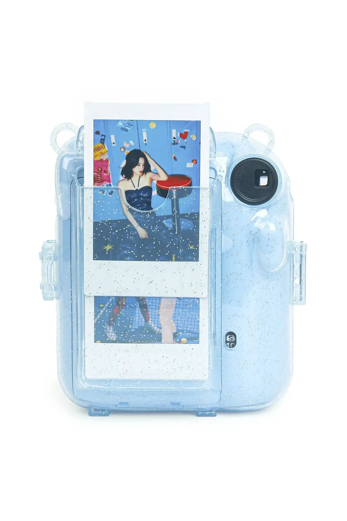 Instax mini 12 Mavi Fotoğraf Makinesi-10'lu Film-Kıskaçlı Stand-PVC Albüm ve Simli Pleksi Kılıf Seti