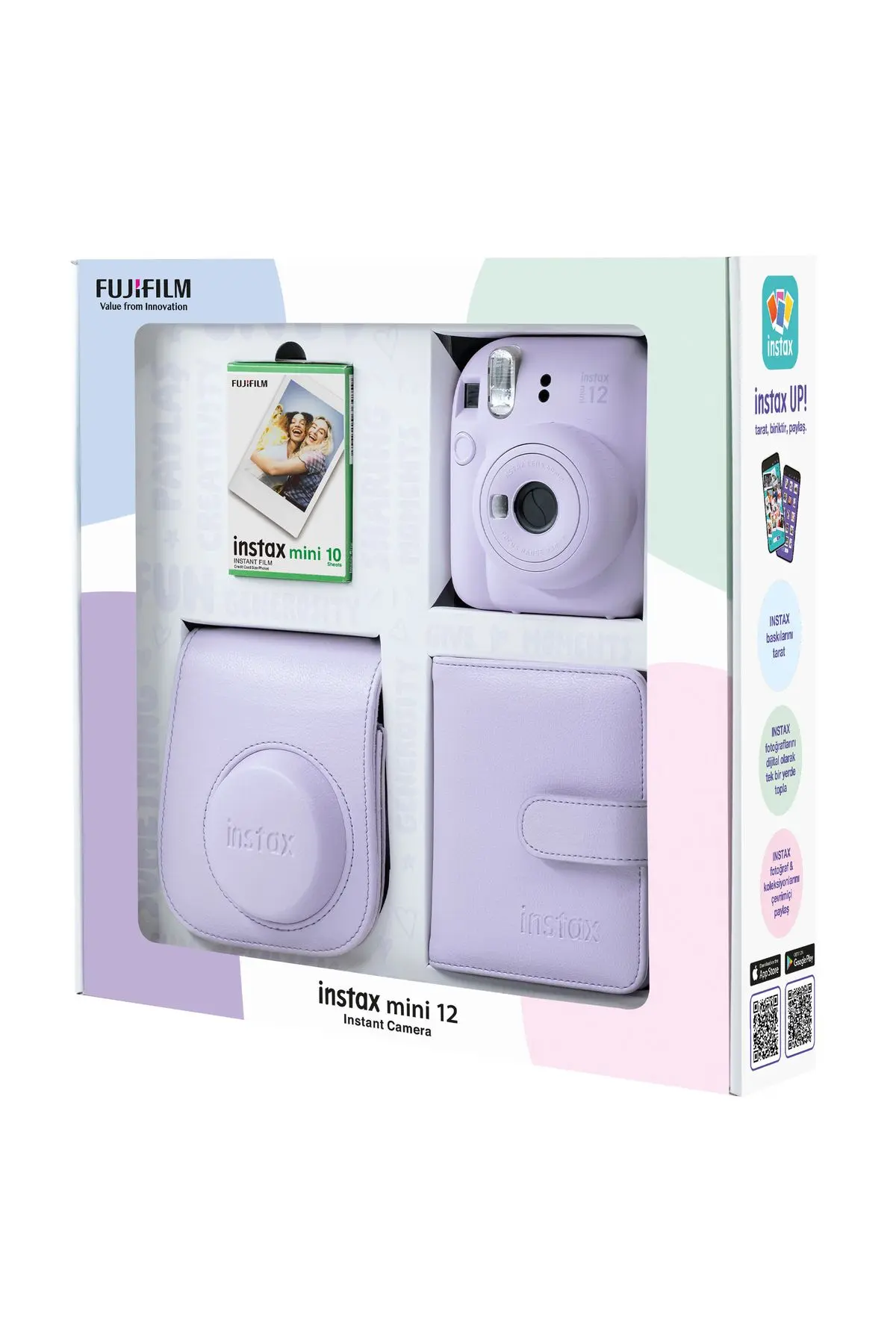 Instax mini 12 Lila Fotoğraf Makinesi 10'lu Film Kare Albüm ve Deri Kılıf Bundle Box