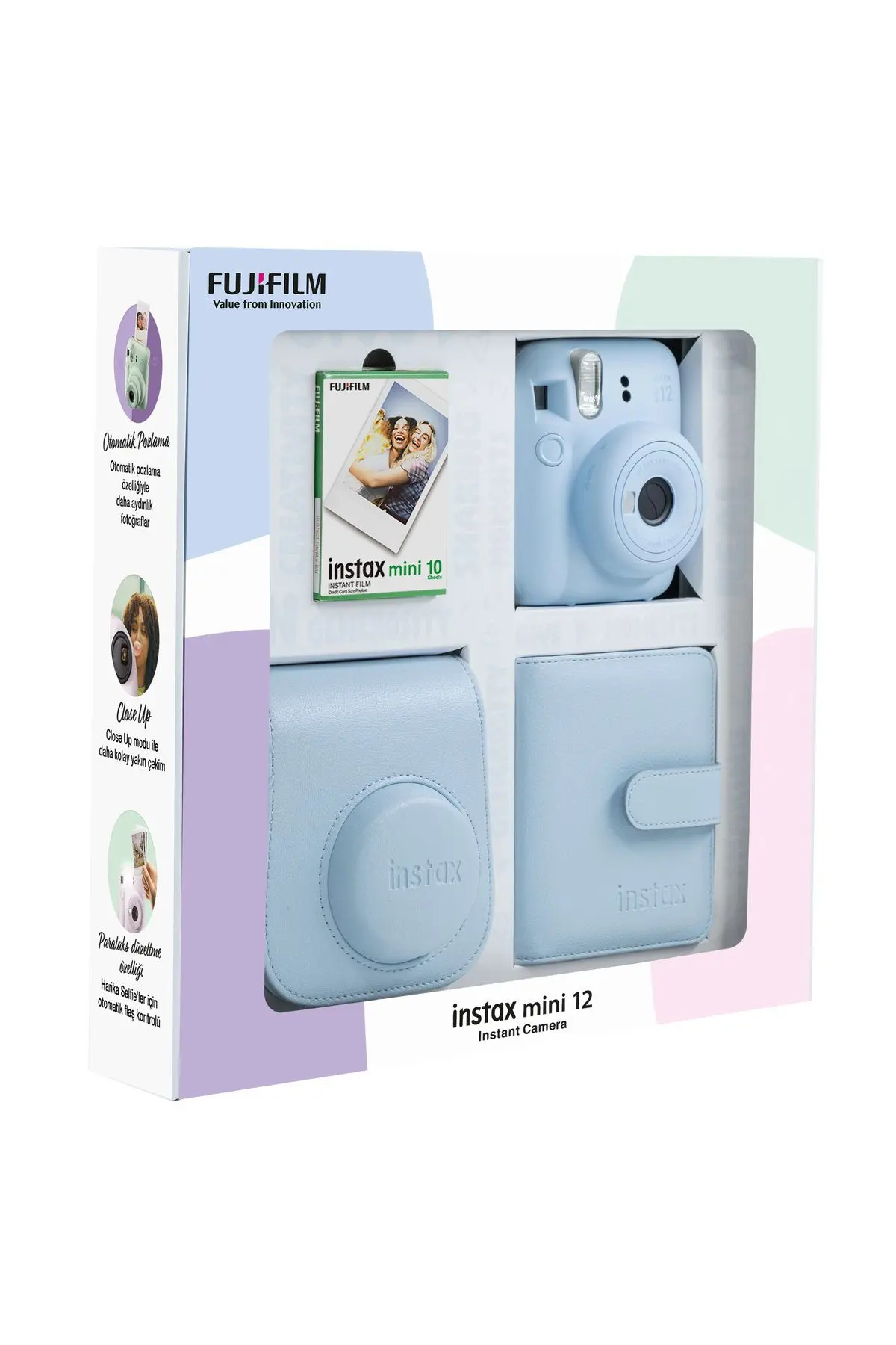 Instax mini 12 Mavi Fotoğraf Makinesi 10'lu Film Kare Albüm ve Deri Kılıf Bundle Box