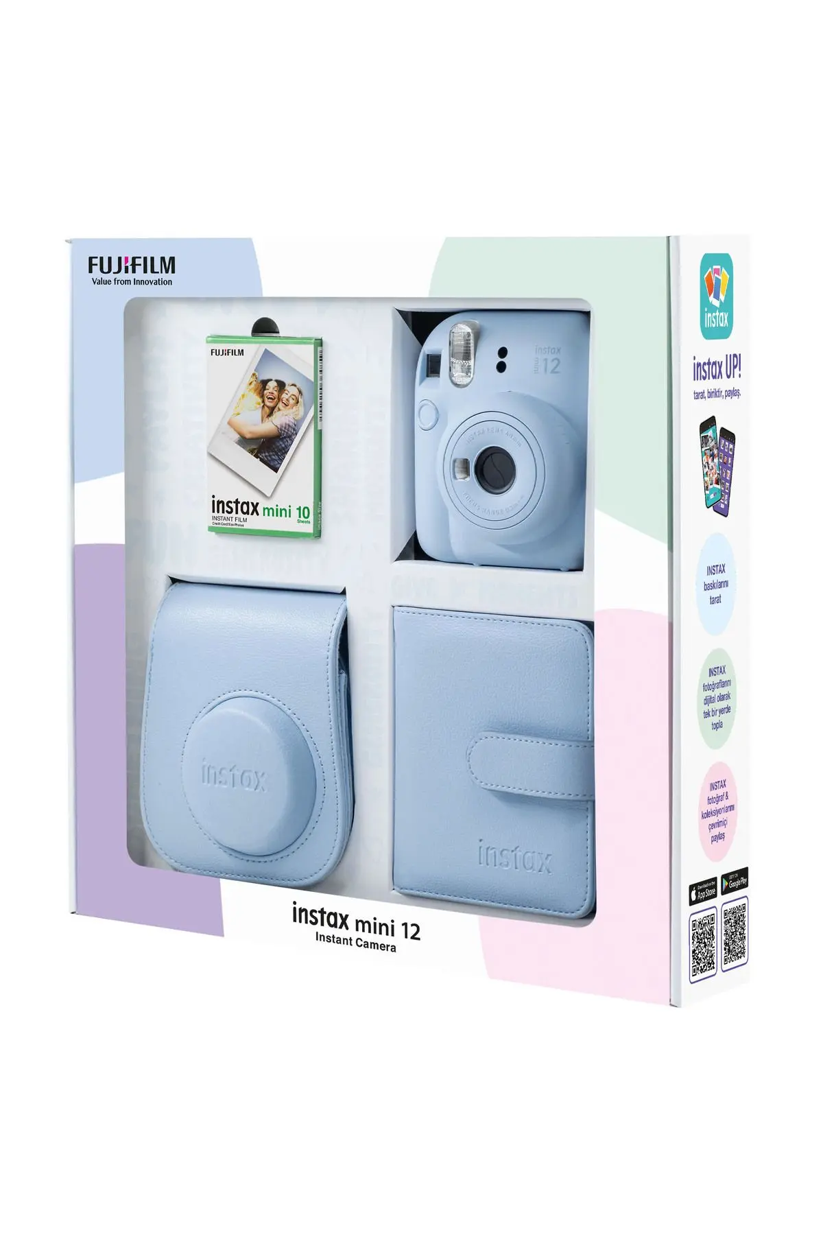 Instax mini 12 Mavi Fotoğraf Makinesi 10'lu Film Kare Albüm ve Deri Kılıf Bundle Box