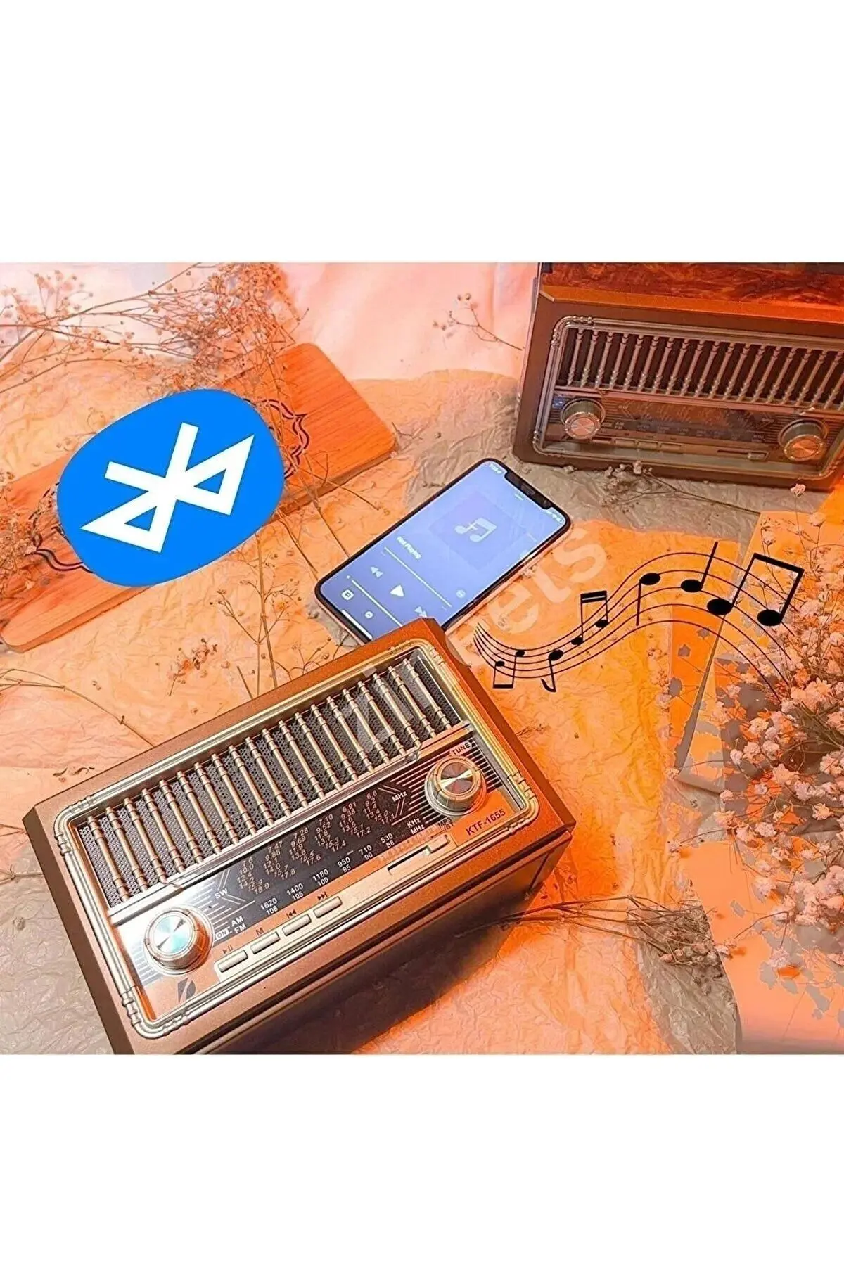 Hediye Seti Nostaljik Radyo Fm Ahşap Görünümlü Bluetooth Hoparlör Ahşap Renk Ve Akıllı Saat