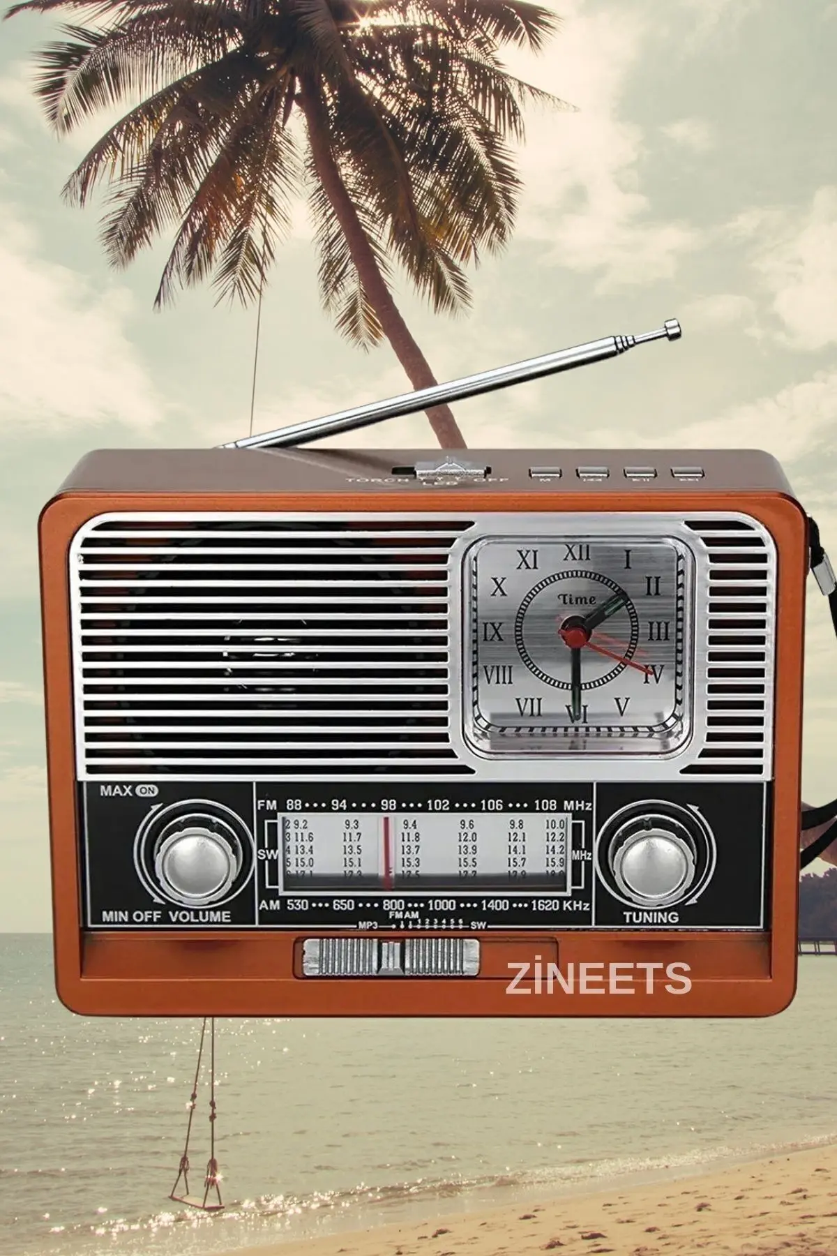 Nostaljik Radyo FM Ahşap Görünümlü Bluetooth Hoparlör Ahşap Renk Vintage Saatli IŞIKLI USB SD