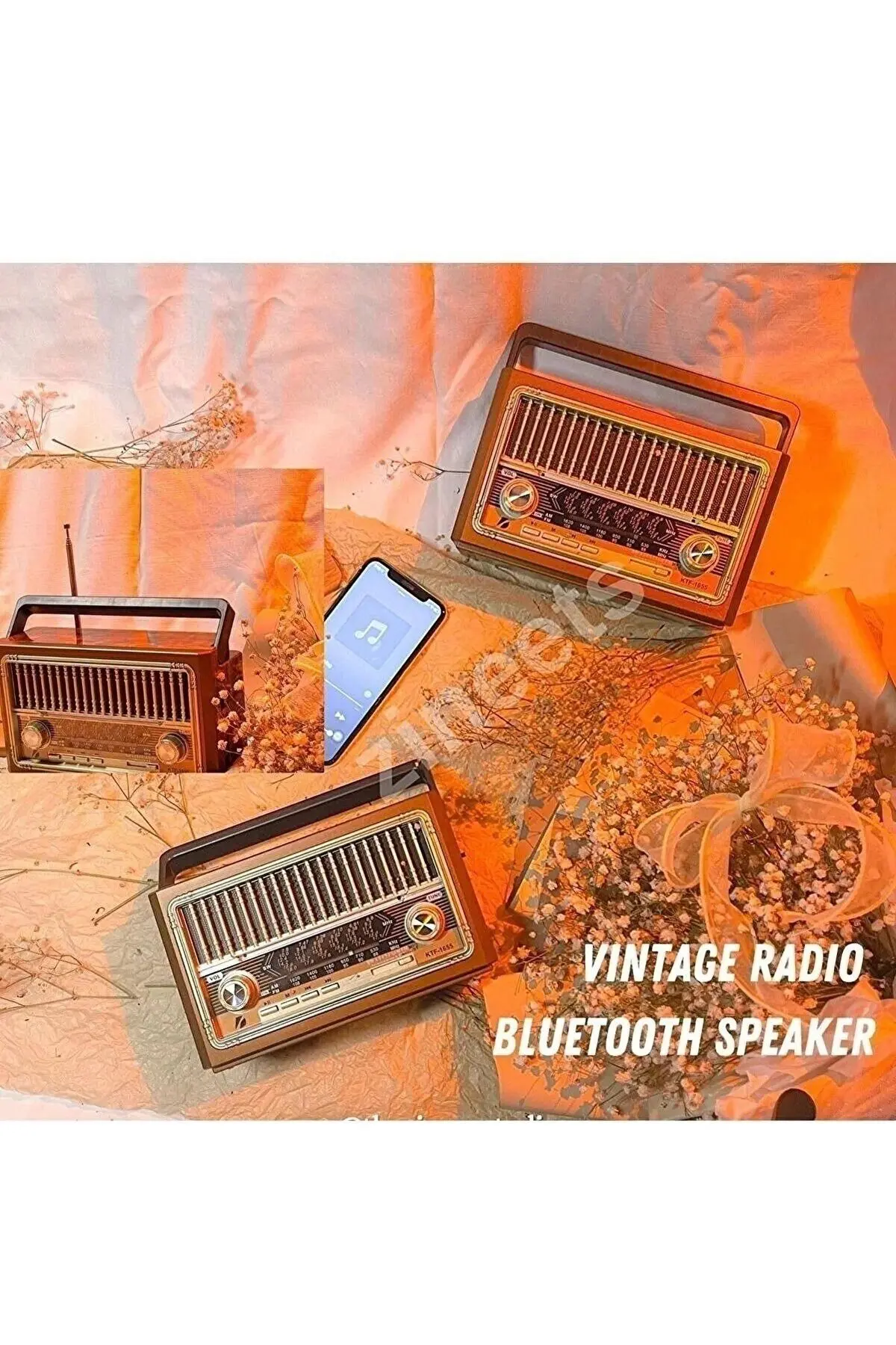 Hediye Seti Nostaljik Radyo Fm Ahşap Görünümlü Bluetooth Hoparlör Ahşap Renk Ve Akıllı Saat
