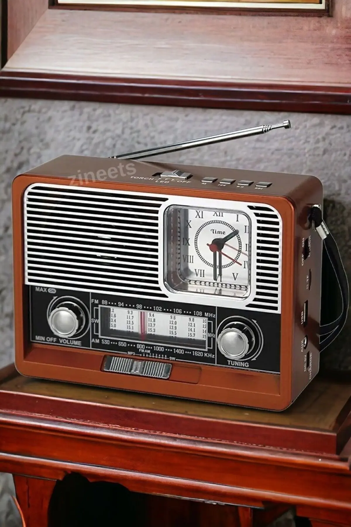 Nostaljik Radyo FM Ahşap Görünümlü Bluetooth Hoparlör Ahşap Renk Vintage Saatli IŞIKLI USB SD