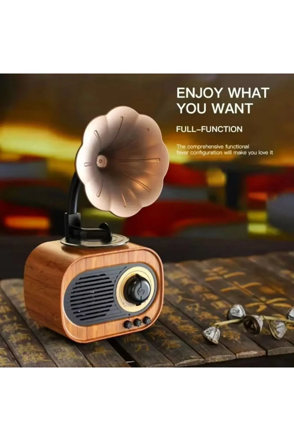 Nostaljik Radyo Fm Ahşap Görünümlü Bluetooth Hoparlör Gramafonlu