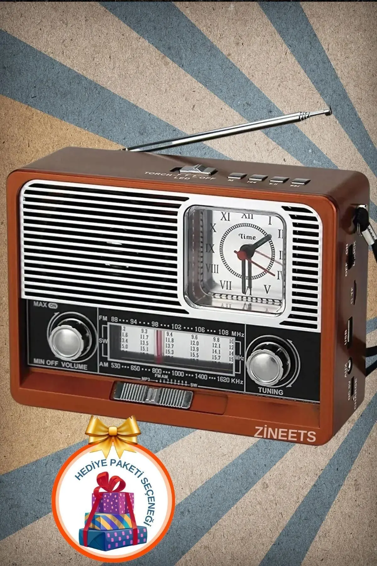 Zineets Nostaljik Radyo FM Ahşap Görünümlü Bluetooth Hoparlör Ahşap Renk Vintage Saatli IŞIKLI USB SD