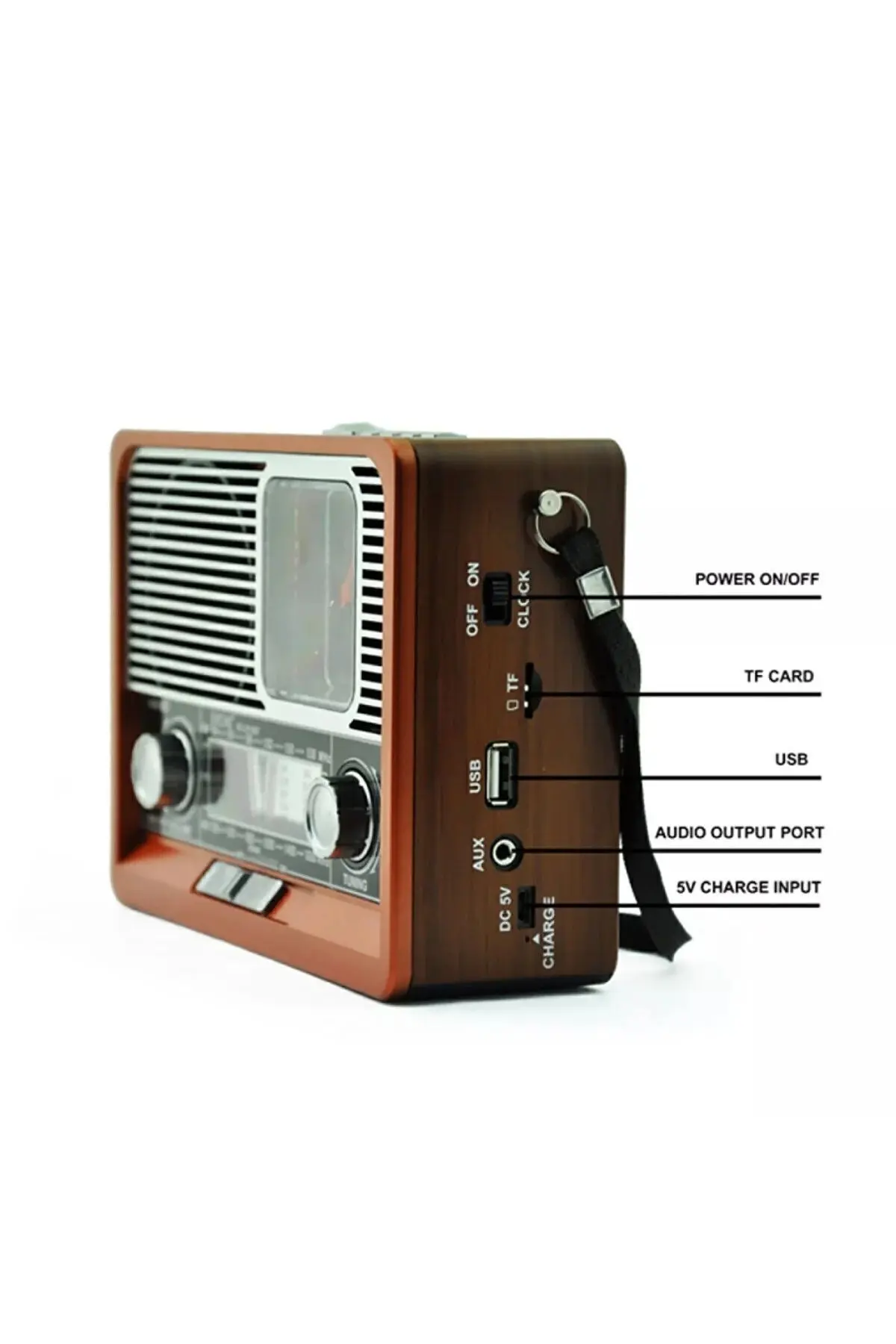 Nostaljik Radyo FM Ahşap Görünümlü Bluetooth Hoparlör Ahşap Renk Vintage Saatli IŞIKLI USB SD