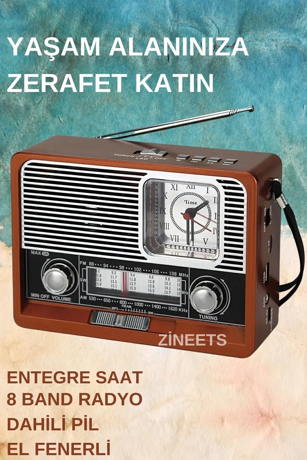 Nostaljik Radyo FM Ahşap Görünümlü Bluetooth Hoparlör Ahşap Renk Vintage Saatli IŞIKLI USB SD