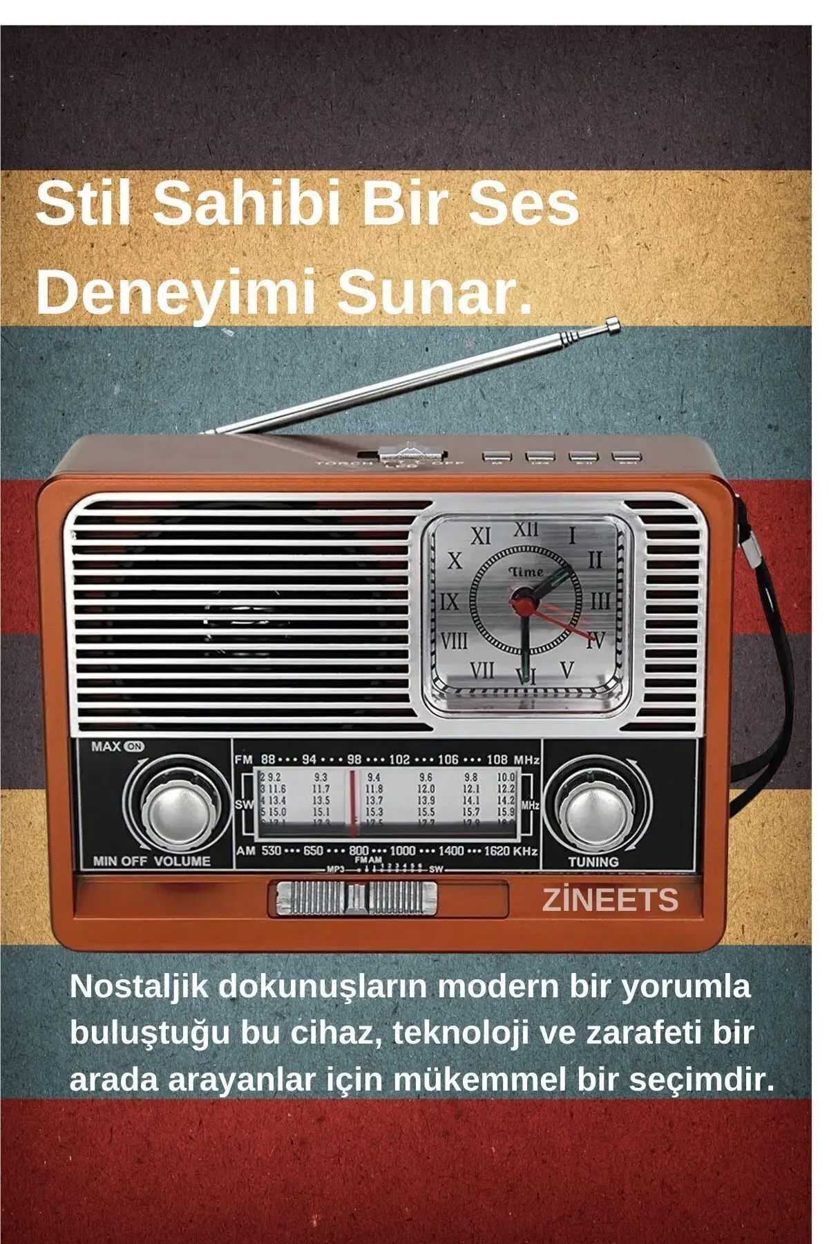 Nostaljik Radyo FM Ahşap Görünümlü Bluetooth Hoparlör Ahşap Renk Vintage Saatli IŞIKLI USB SD