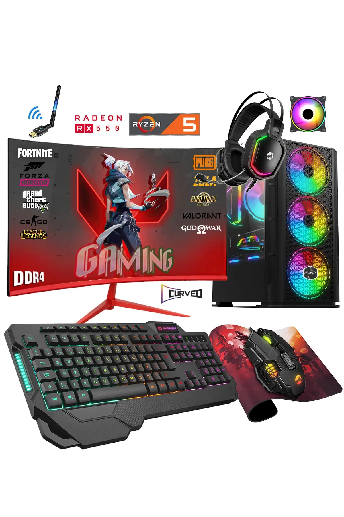 Zeiron Zgx25 Ryzen 5 3600 32GB 3200MHz Ram 512GB SSD RX550 GDDR5 23.8" Curved Oyuncu Masaüstü Bilgisayar