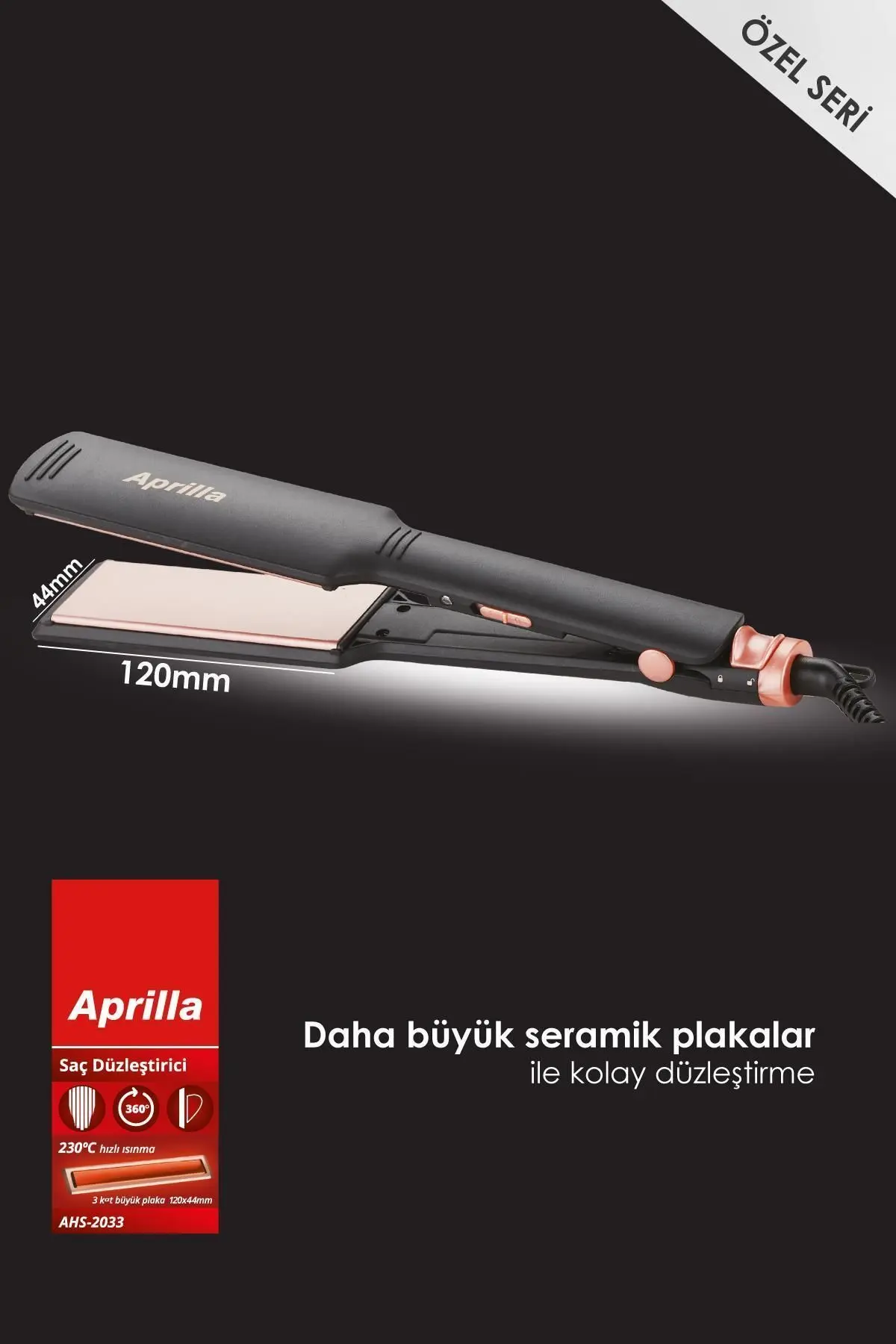 Aprilla Ahs-2033 Siyah Geniş Seramik Kaplamalı Güçlü Saç Düzleştirici (40mm*120mm )