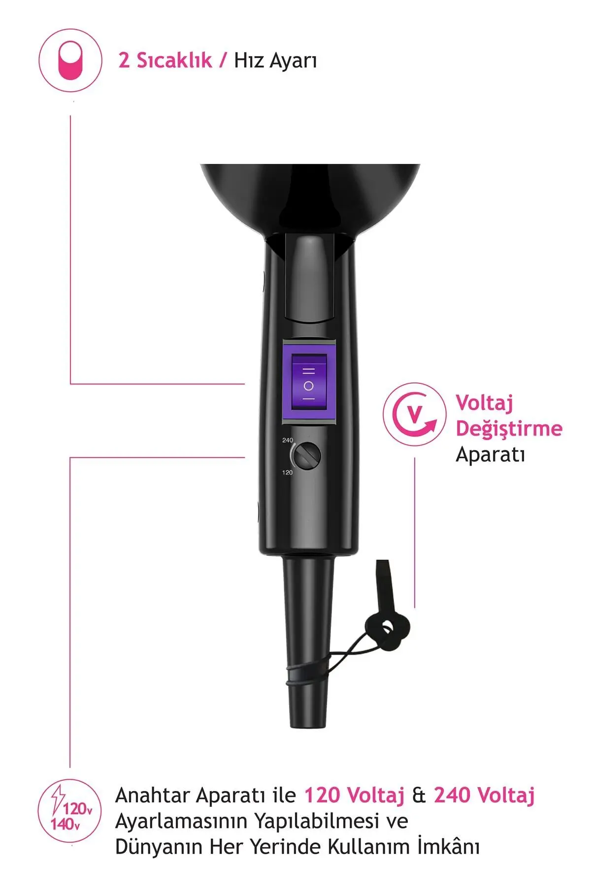 Yok Al 885 Katlanılabilir Mini Saç Kurutma Makinesi Yok 50 Hz / 60 Hz 1200 W 2 Kademeli 2 Yıl 2 Kad