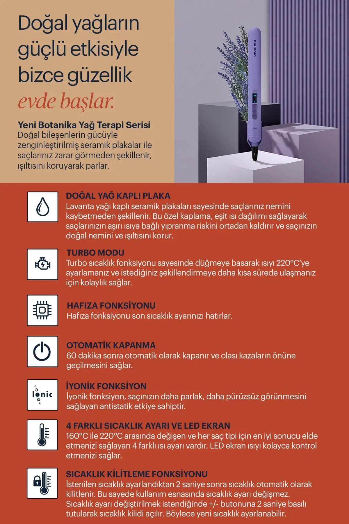 HS 7032 Botanika Lavanta Yağı Kaplı Plakalı İyonik Saç Düzleştirici