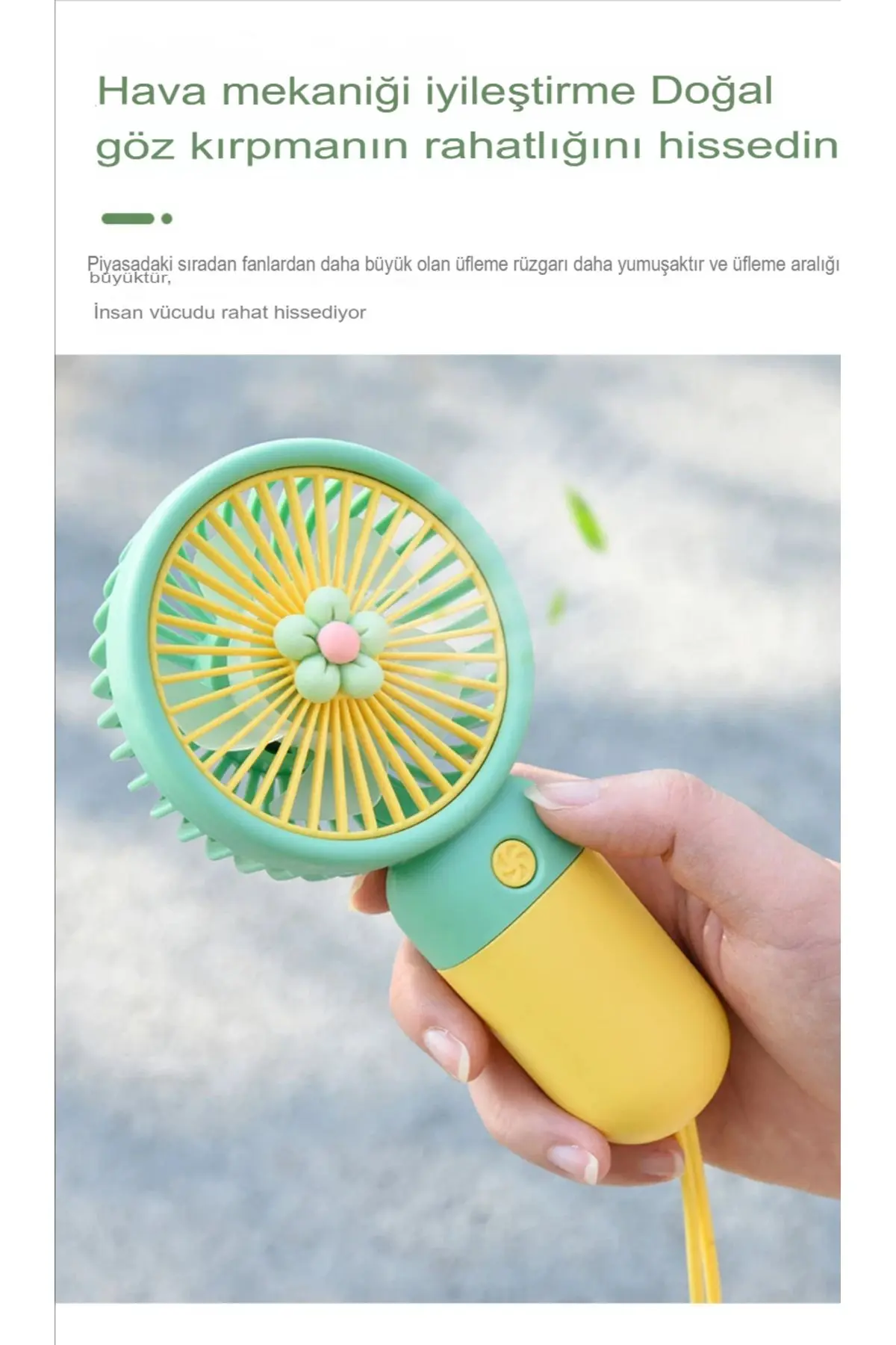 İpli El Fanı Papatyalı Model Şarjlı Fan Vantilatör Serinletici Taşınabilir