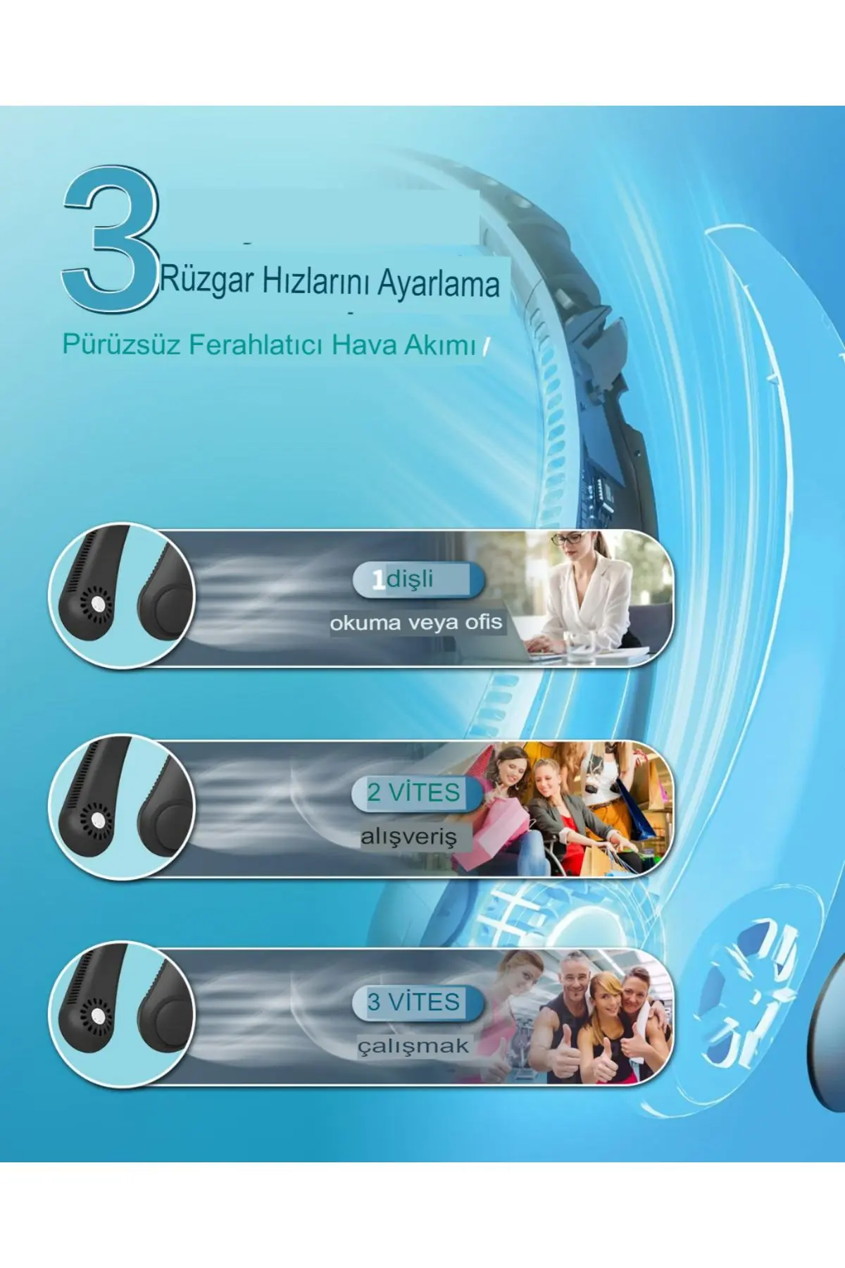 Şarjlı Boyun vantilatör taşınabilir, yapraksız boyun Fan Serinletici ,Kişisel , 3 hız kademeli