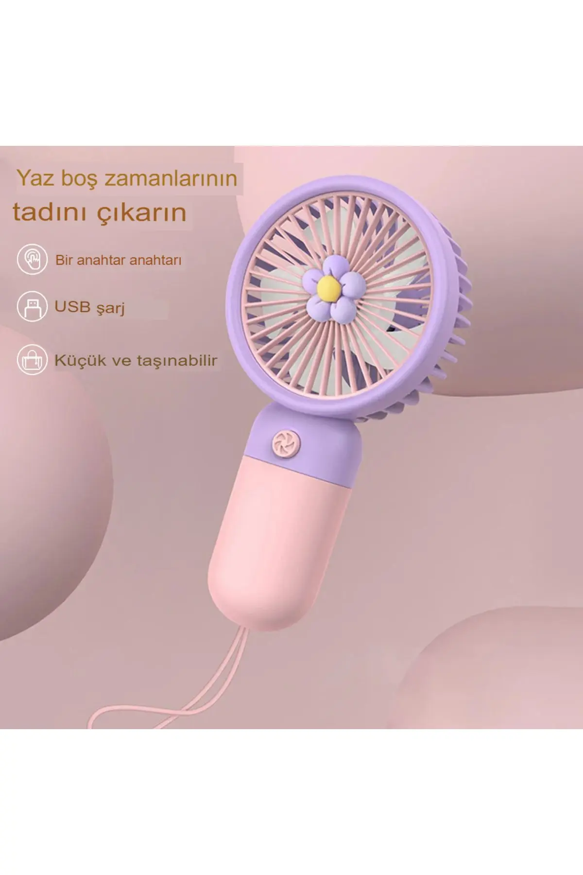 İpli El Fanı Papatyalı Model Şarjlı Fan Vantilatör Serinletici Taşınabilir
