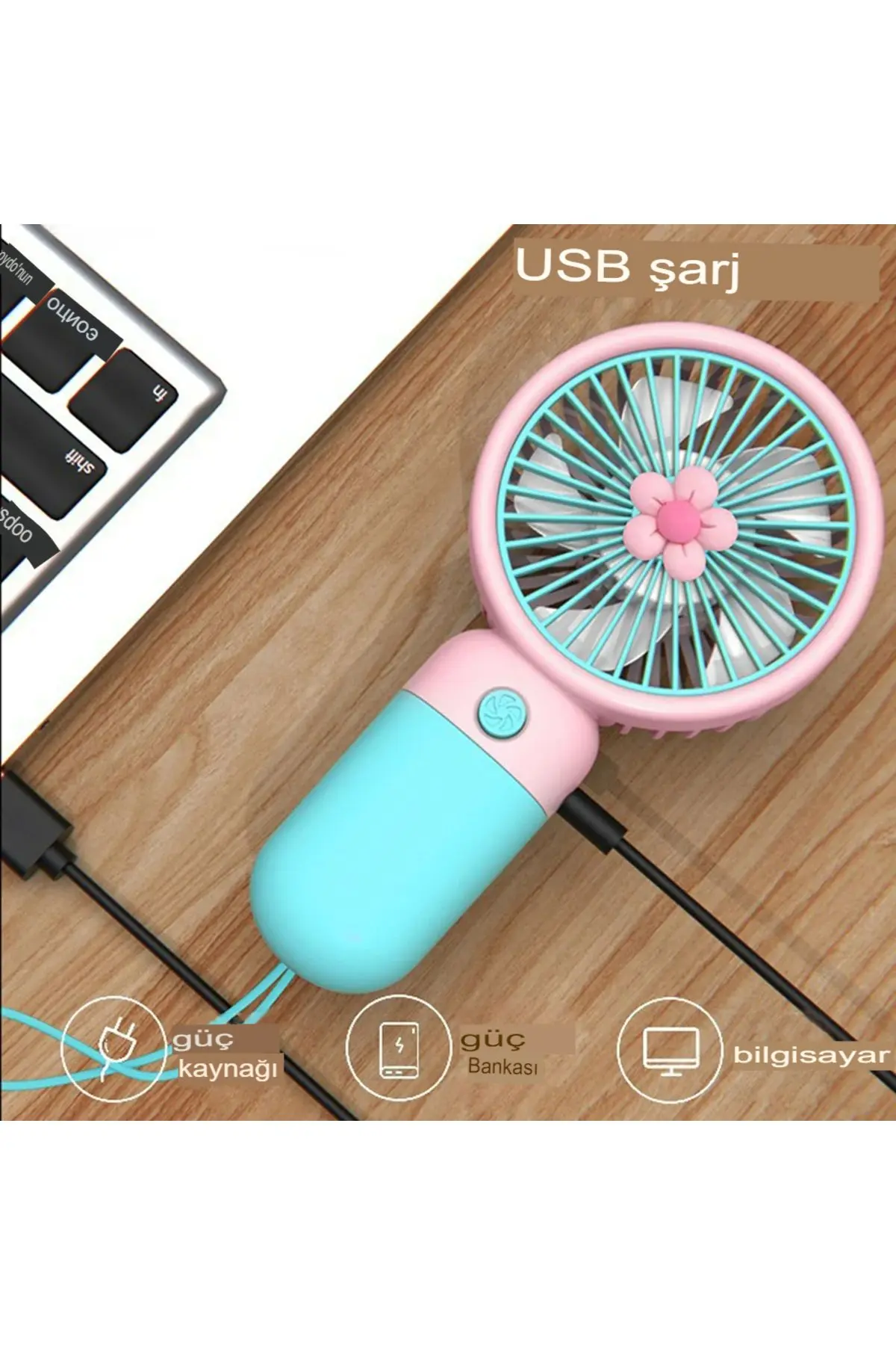 İpli El Fanı Papatyalı Model Şarjlı Fan Vantilatör Serinletici Taşınabilir