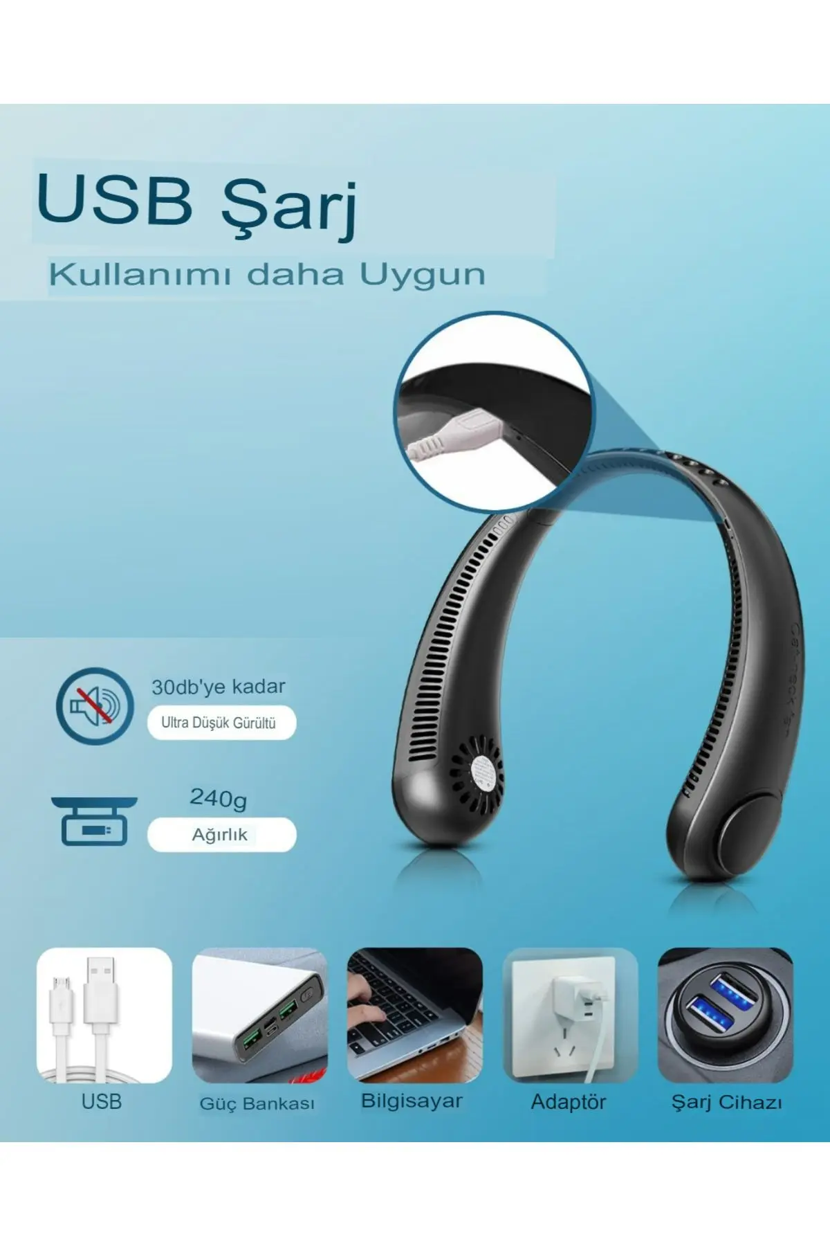 Şarjlı Boyun vantilatör taşınabilir, yapraksız boyun Fan Serinletici ,Kişisel , 3 hız kademeli