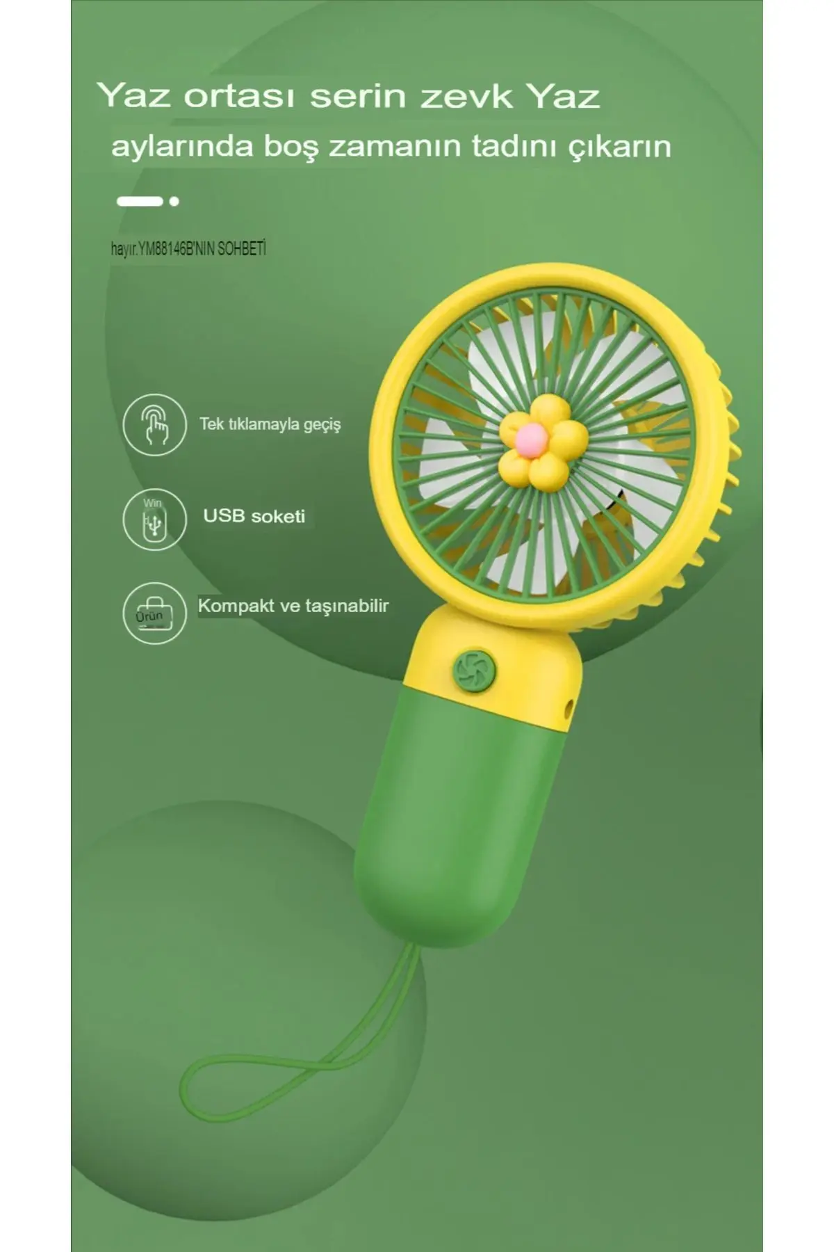 İpli El Fanı Papatyalı Model Şarjlı Fan Vantilatör Serinletici Taşınabilir