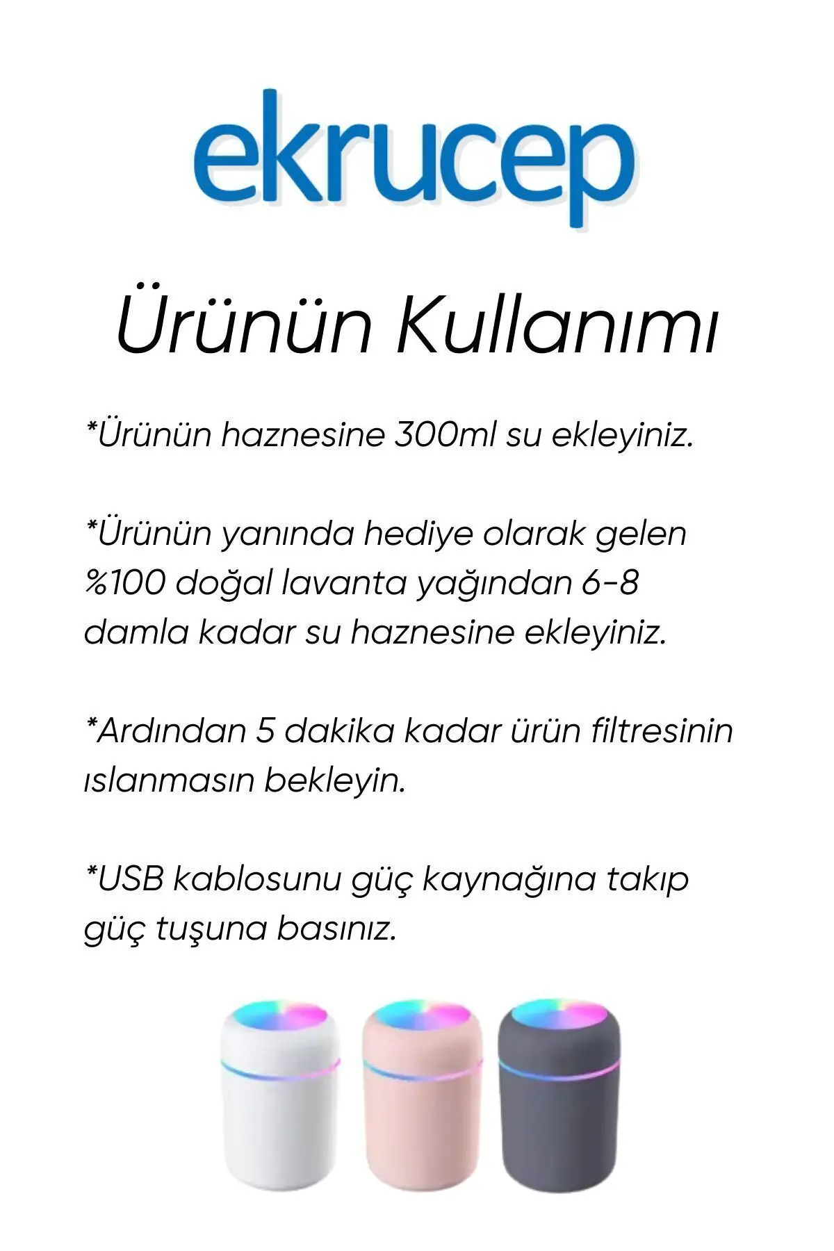 300 ml Ultrasonik Hava Nemlendiricisi ve Aromaterapi Cihazı - Koku Hediyeli