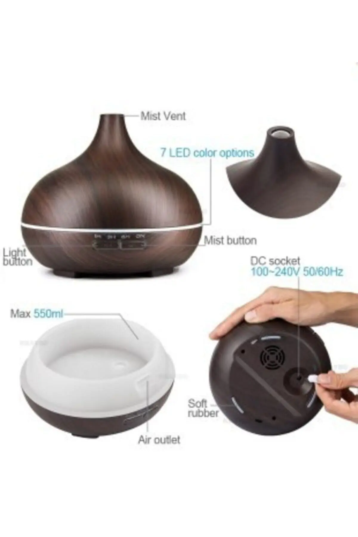 Difüzörü Buhar Ultrasonik Hava Nemlendirici Aromatik Oda Kokusu 7 Renk Led Işıklı Soğuk