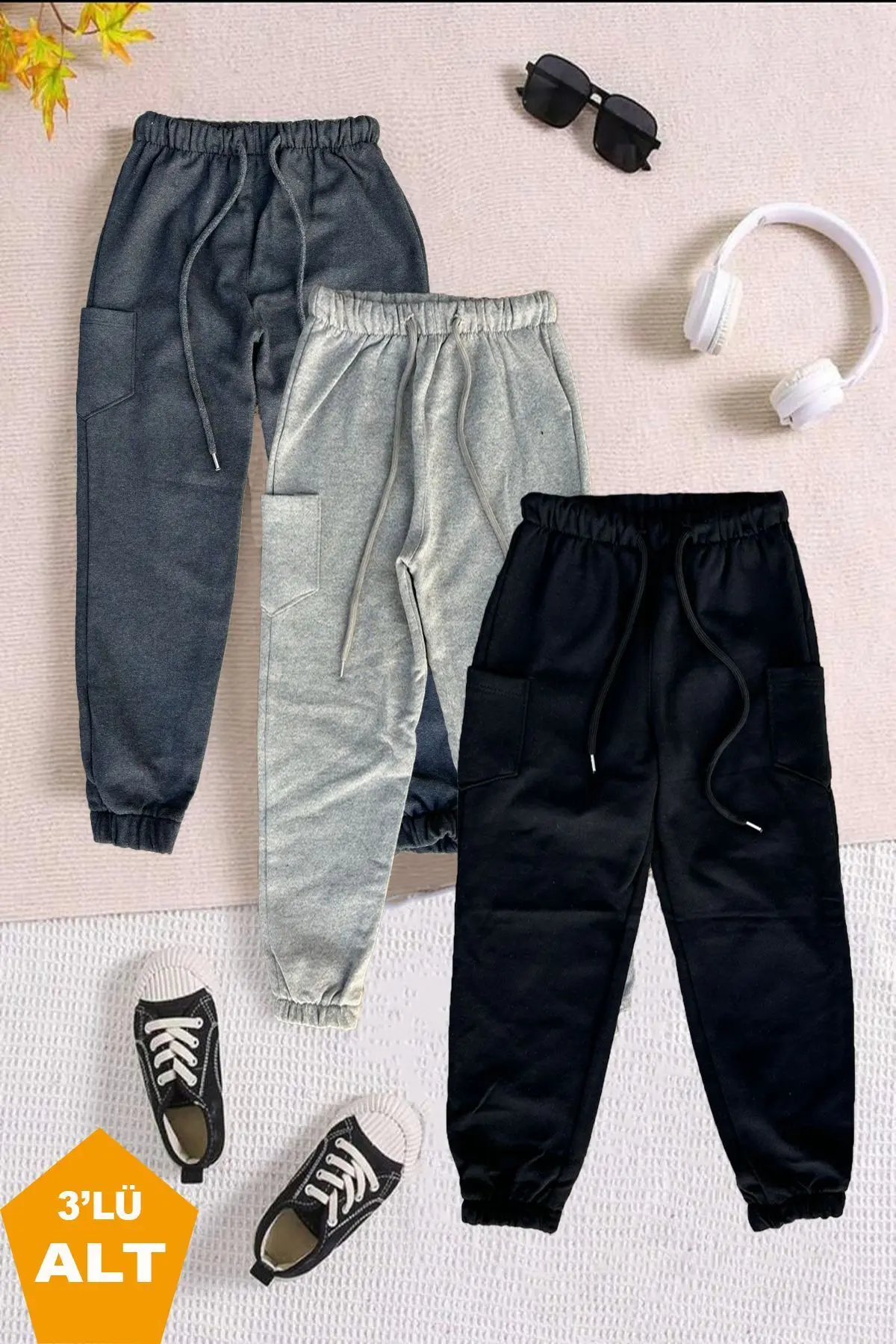 twins tailors İçi Polarlı Lastikli Paça 3'lü Paket Unisex Antrasit-Siyah-Gri Çocuk Eşofman Altı