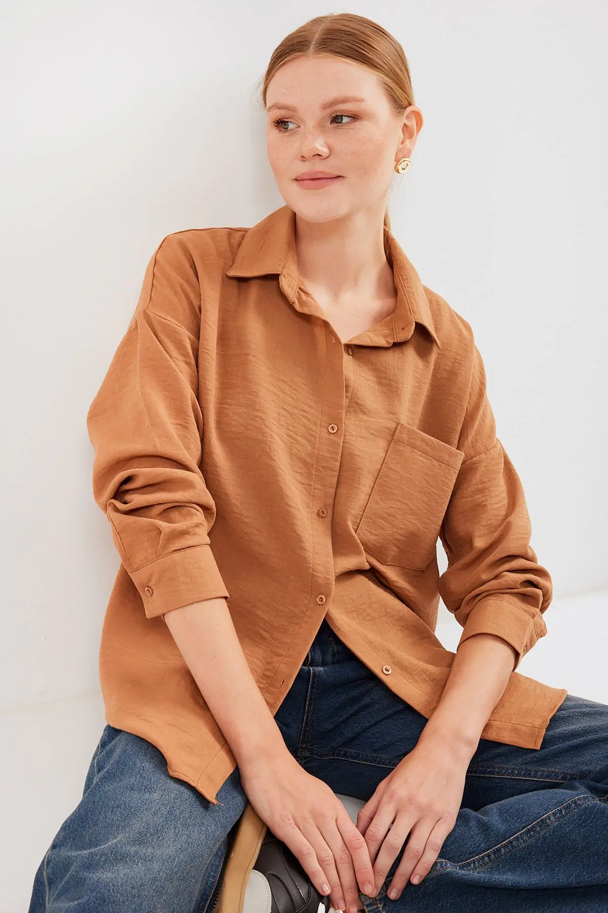 20153 Tek Cepli Oversize Keten Gömlek - Camel