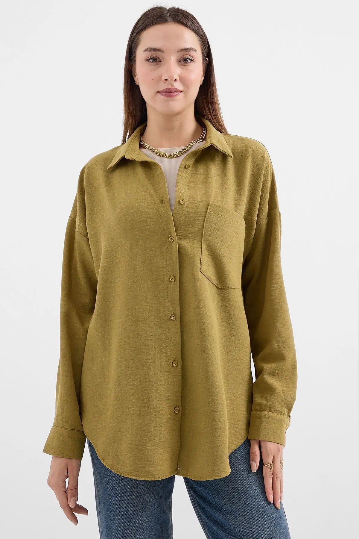 20153 Tek Cepli Oversize Keten Gömlek - F. Yeşil