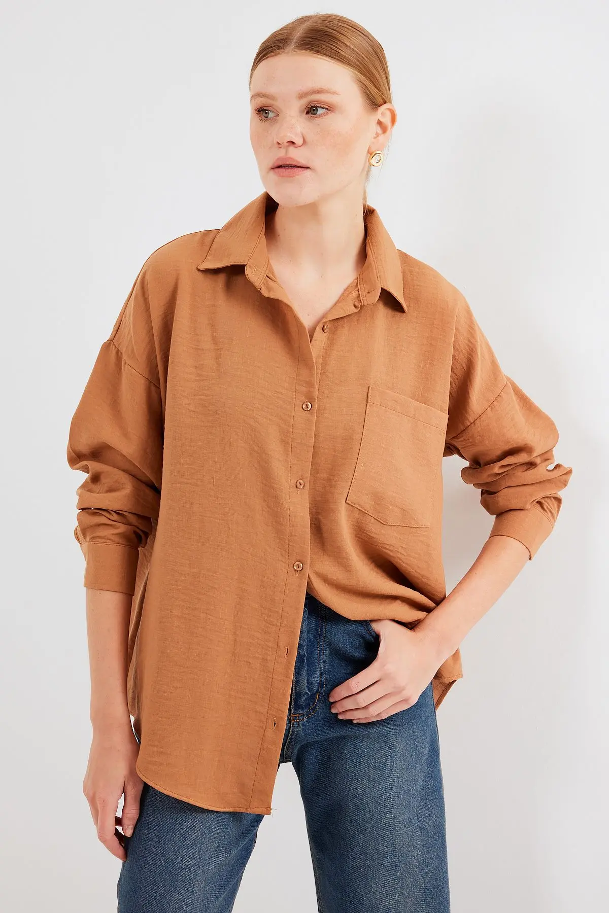 20153 Tek Cepli Oversize Keten Gömlek - Camel
