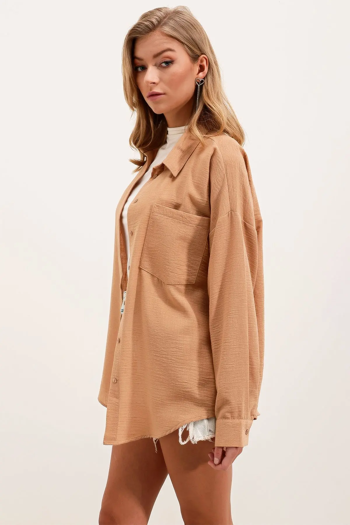 20153 Tek Cepli Oversize Keten Gömlek - Bisküvi