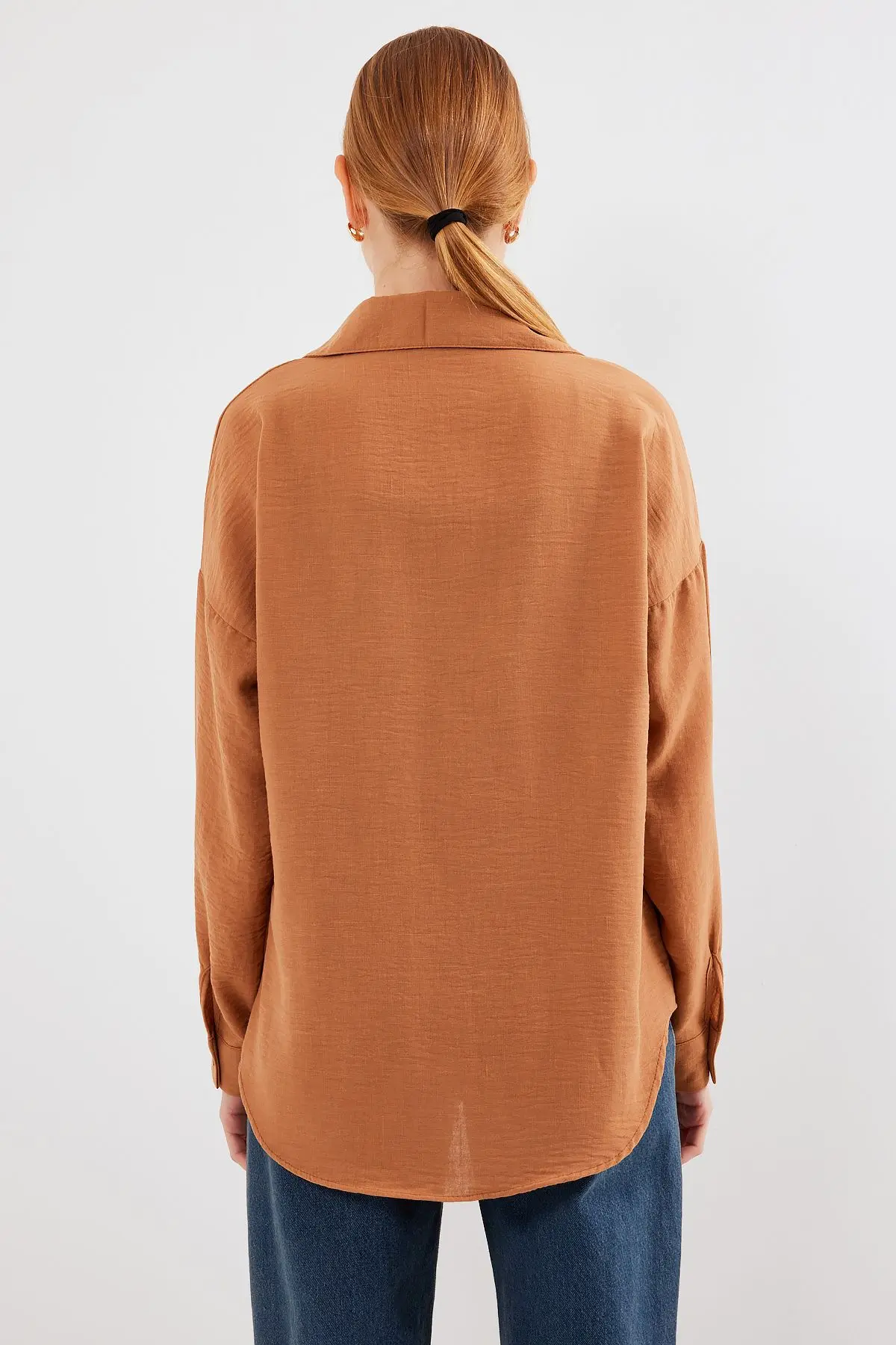 20153 Tek Cepli Oversize Keten Gömlek - Camel