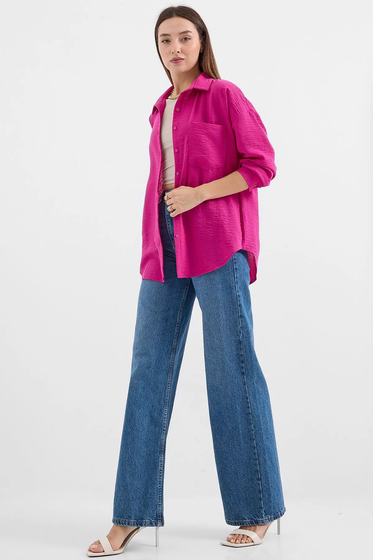 20153 Tek Cepli Oversize Keten Gömlek - Koyu Pembe