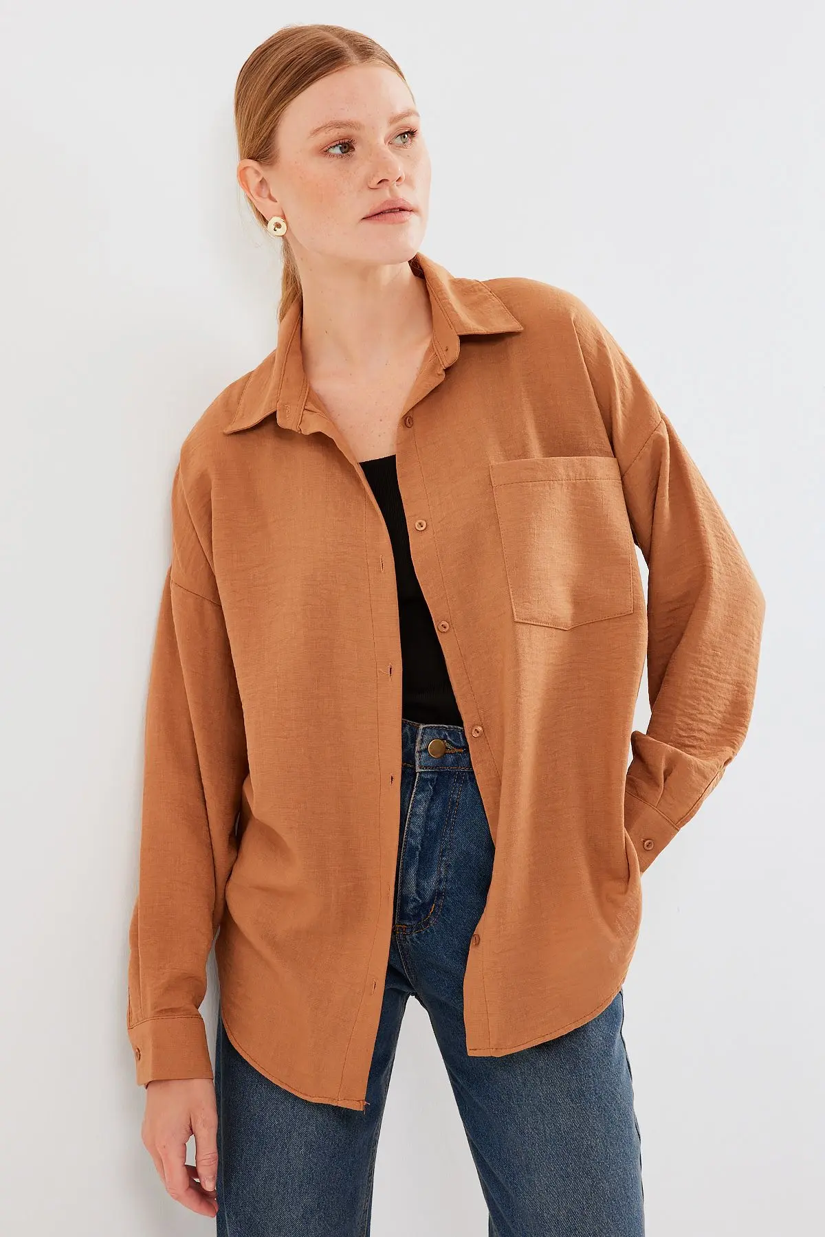 20153 Tek Cepli Oversize Keten Gömlek - Camel