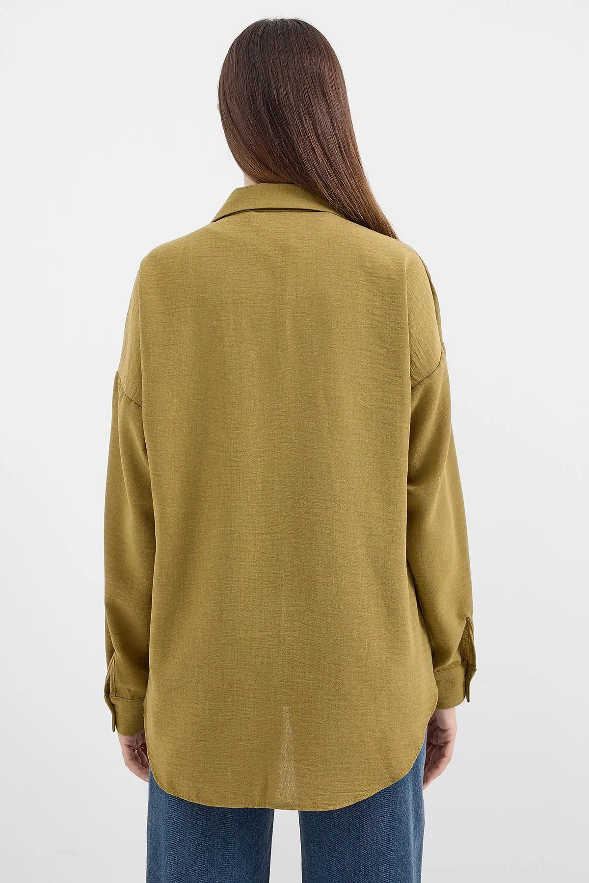 20153 Tek Cepli Oversize Keten Gömlek - F. Yeşil