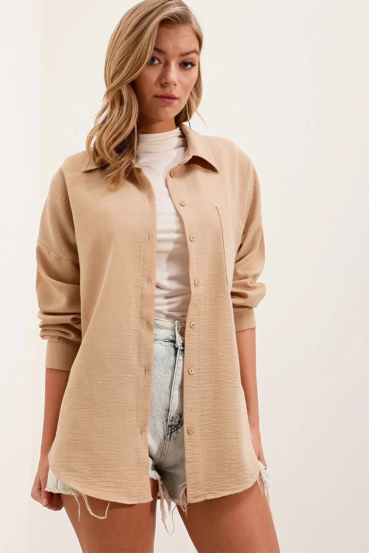 20153 Tek Cepli Oversize Keten Gömlek - A.bej