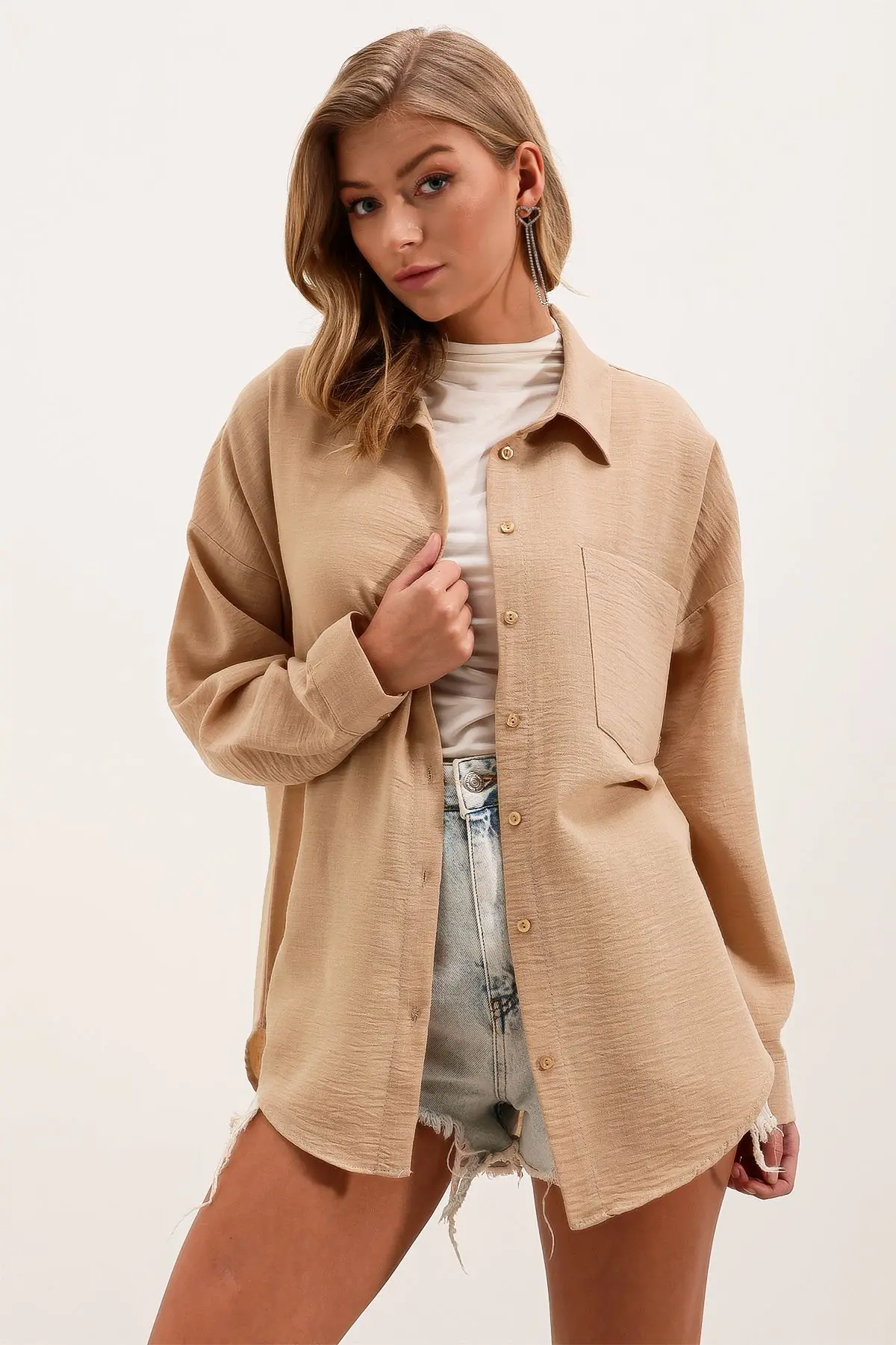 20153 Tek Cepli Oversize Keten Gömlek - A.bej