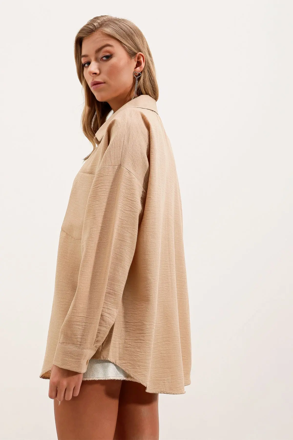 20153 Tek Cepli Oversize Keten Gömlek - A.bej