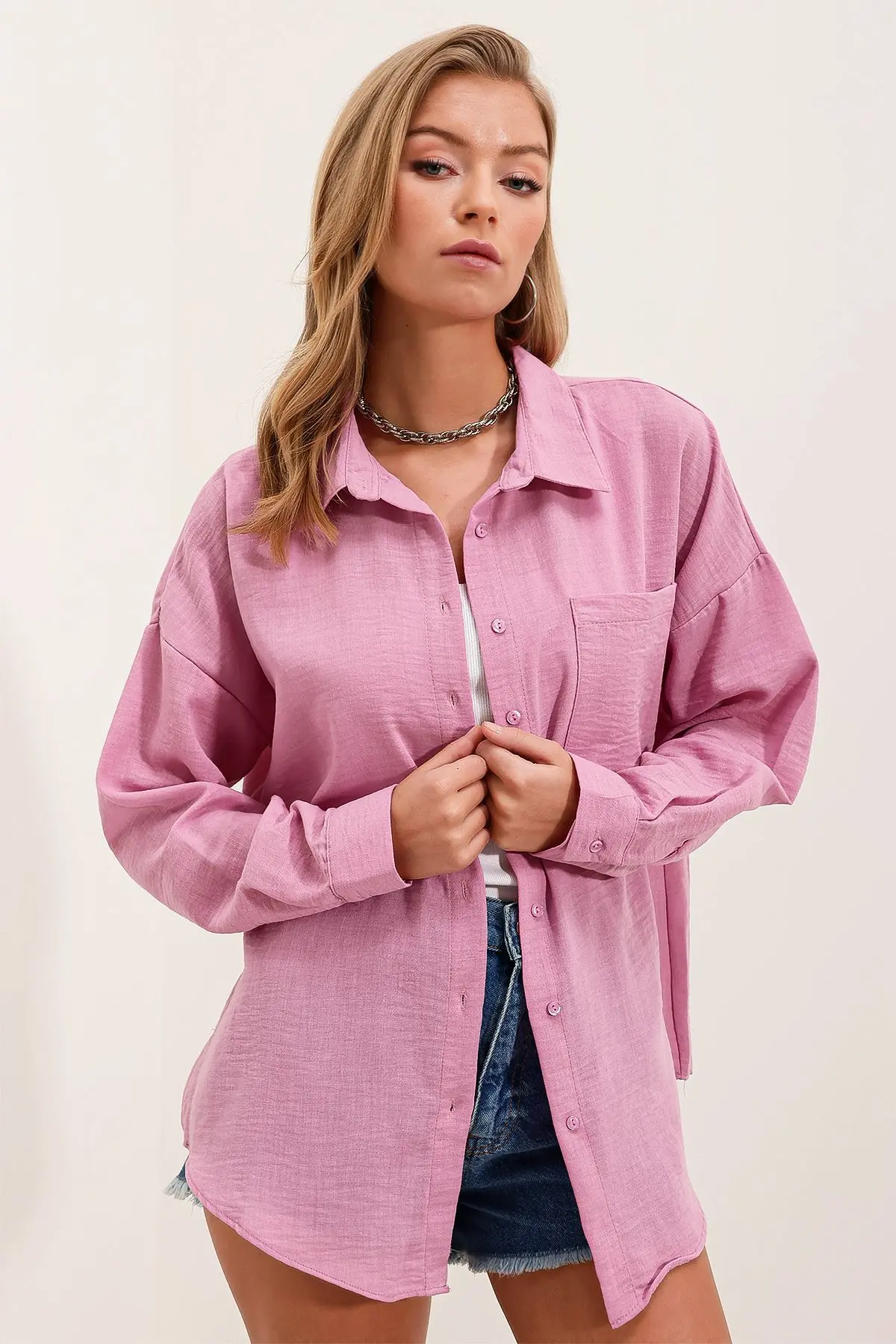 20153 Tek Cepli Oversize Keten Gömlek - Pudra