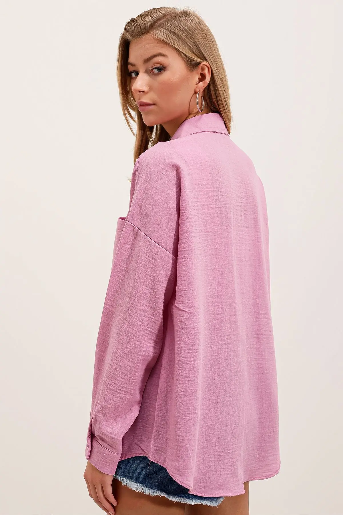 20153 Tek Cepli Oversize Keten Gömlek - Pudra