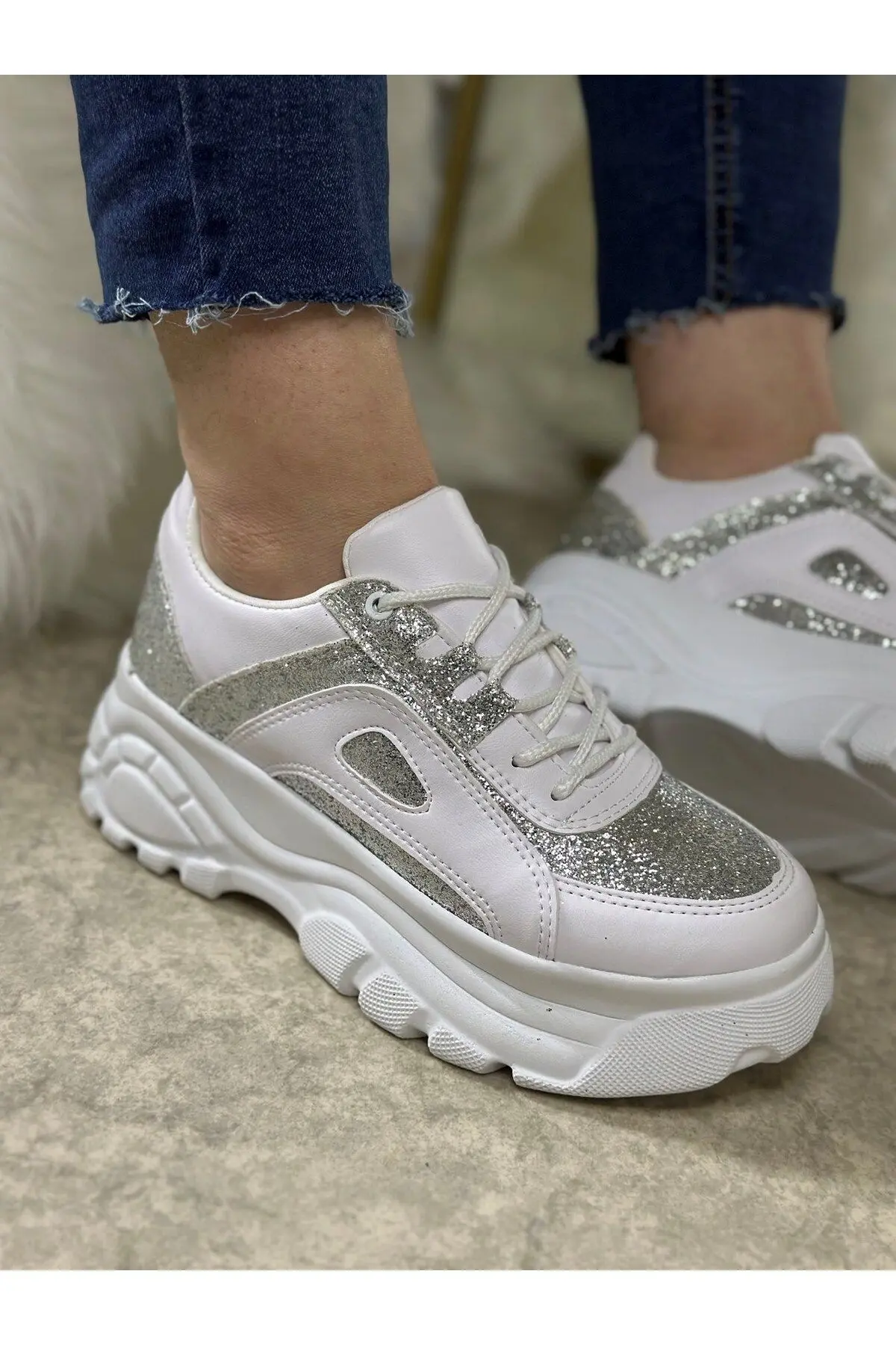 Günlük Kadın Beyaz Simli Spor Ayakkabı Yüksek Taban 6 Cm Sneaker 001