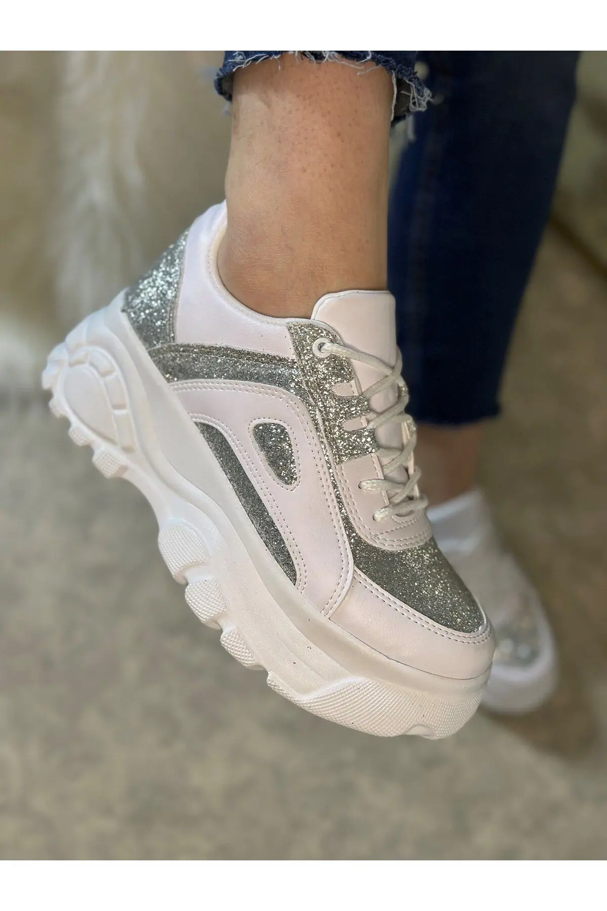 Günlük Kadın Beyaz Simli Spor Ayakkabı Yüksek Taban 6 Cm Sneaker 001