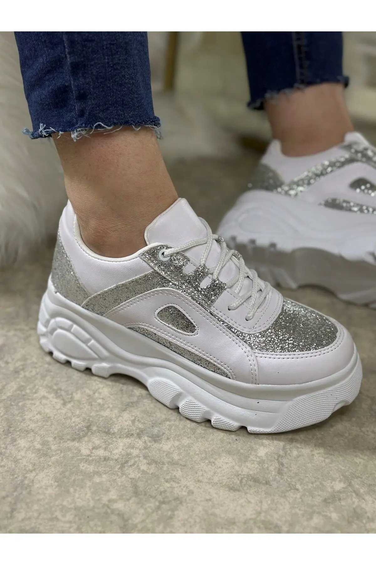 Günlük Kadın Beyaz Simli Spor Ayakkabı Yüksek Taban 6 Cm Sneaker 001