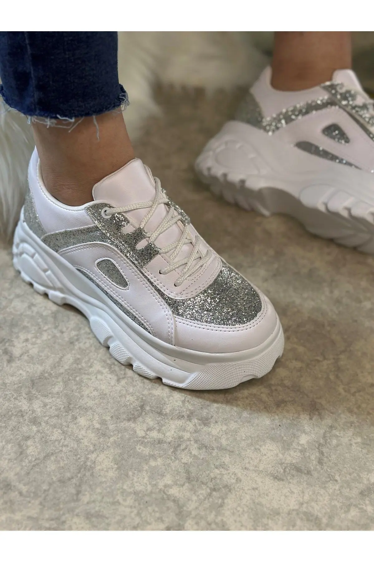 Günlük Kadın Beyaz Simli Spor Ayakkabı Yüksek Taban 6 Cm Sneaker 001