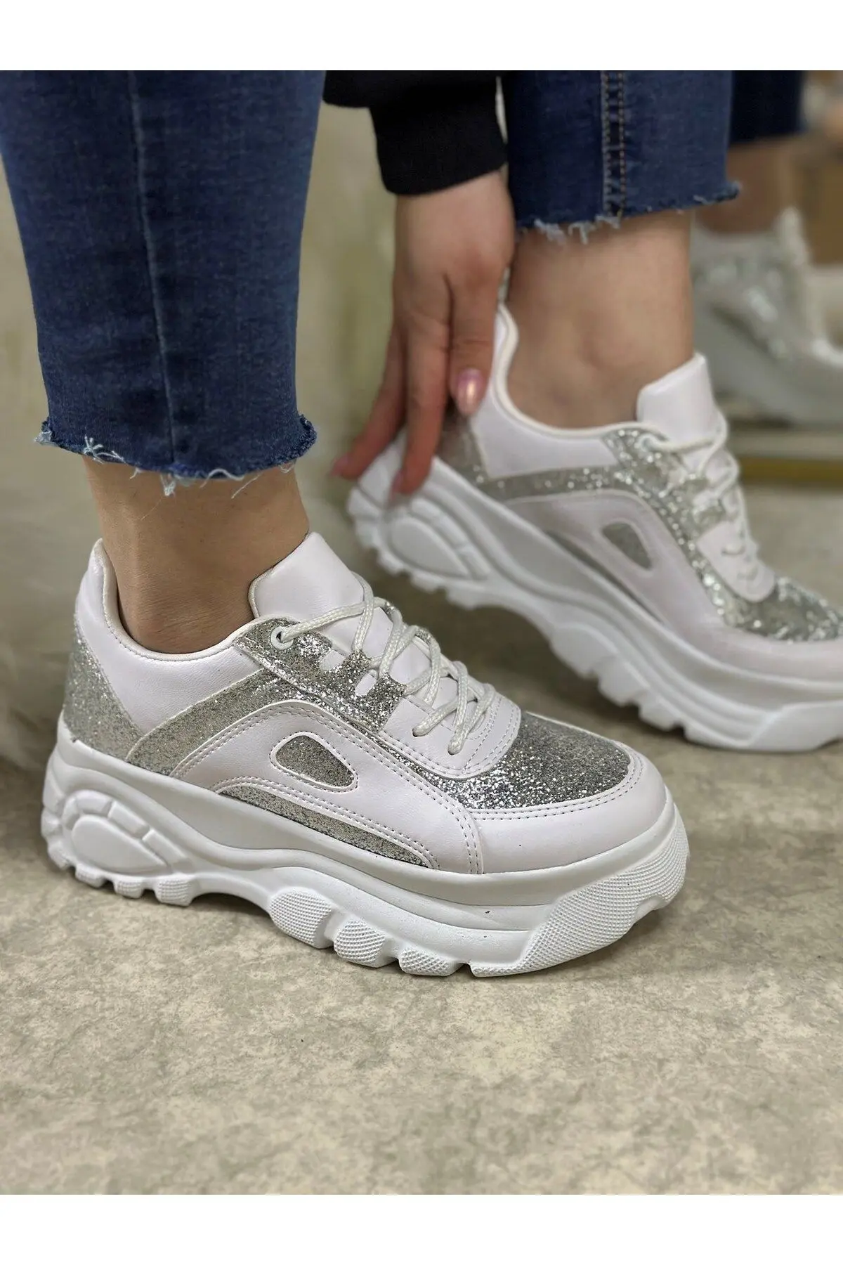 Günlük Kadın Beyaz Simli Spor Ayakkabı Yüksek Taban 6 Cm Sneaker 001