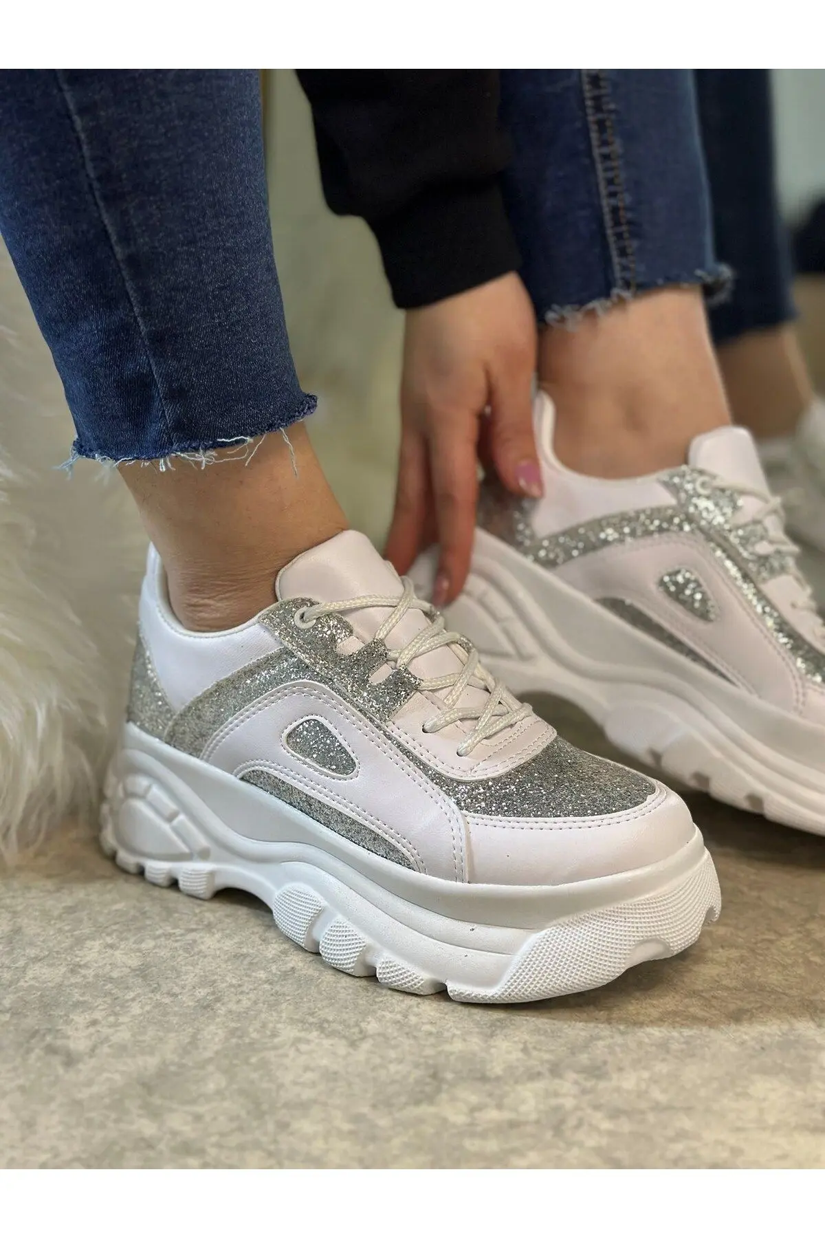 Günlük Kadın Beyaz Simli Spor Ayakkabı Yüksek Taban 6 Cm Sneaker 001